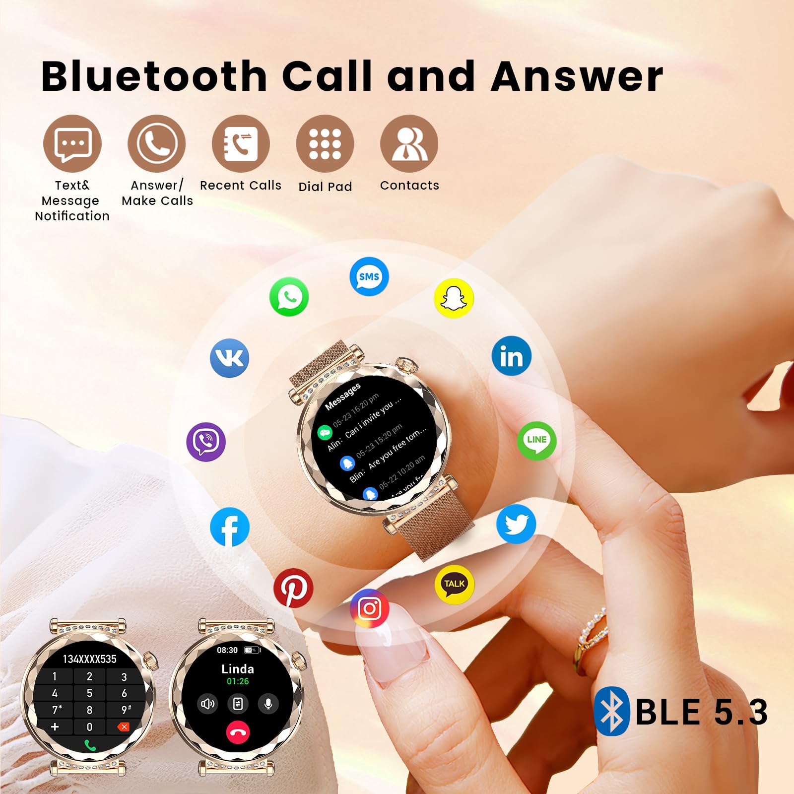 AURORA Smartwatch damski z funkcją telefonu (Różane złoto)