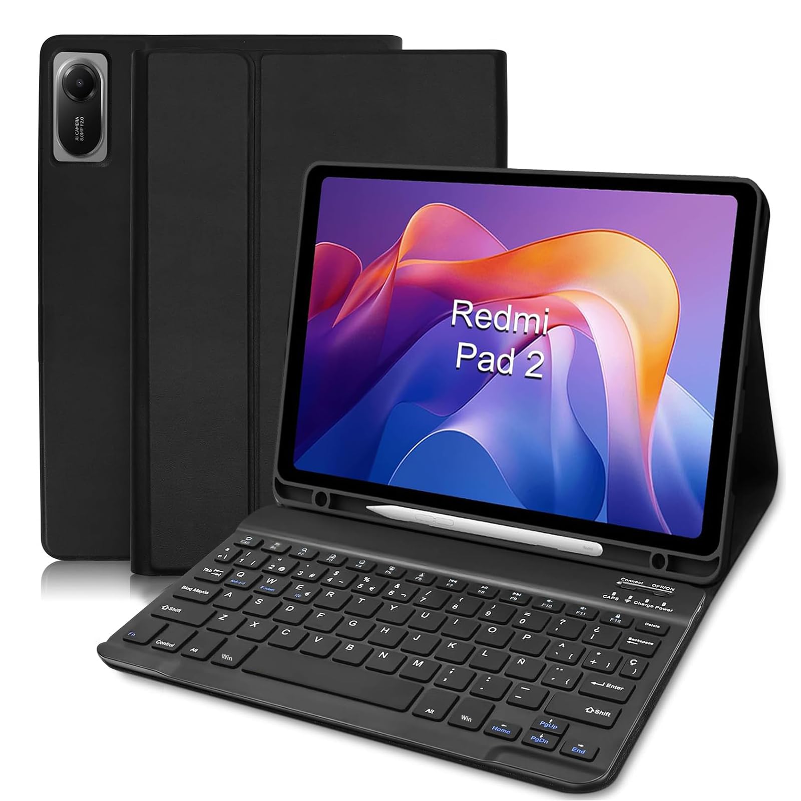 Funda Teclado para Xiaomi Redmi Pad 2 /Redmi Pad SE 11 Pulgada, Español Ñ Bluetooth Magnético, Smart Funda con Teclado QWERTY para Xiaomi Redmi Pad 2 /Redmi Pad SE 11”, Negro