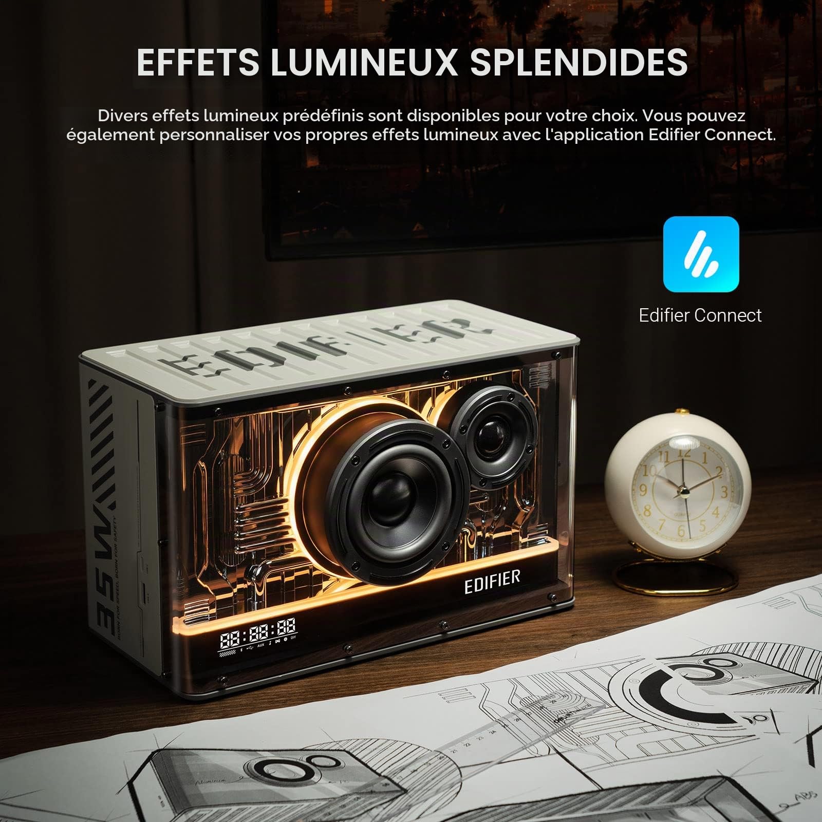 Edifier QD35 Système de Haut-parleurs Bluetooth Compact avec Effets Lumineux RGB, Bluetooth V5.3 et Deux Ports de Chargement Ultra-Rapides. Certifié Hi-Res Audio (Blanc)