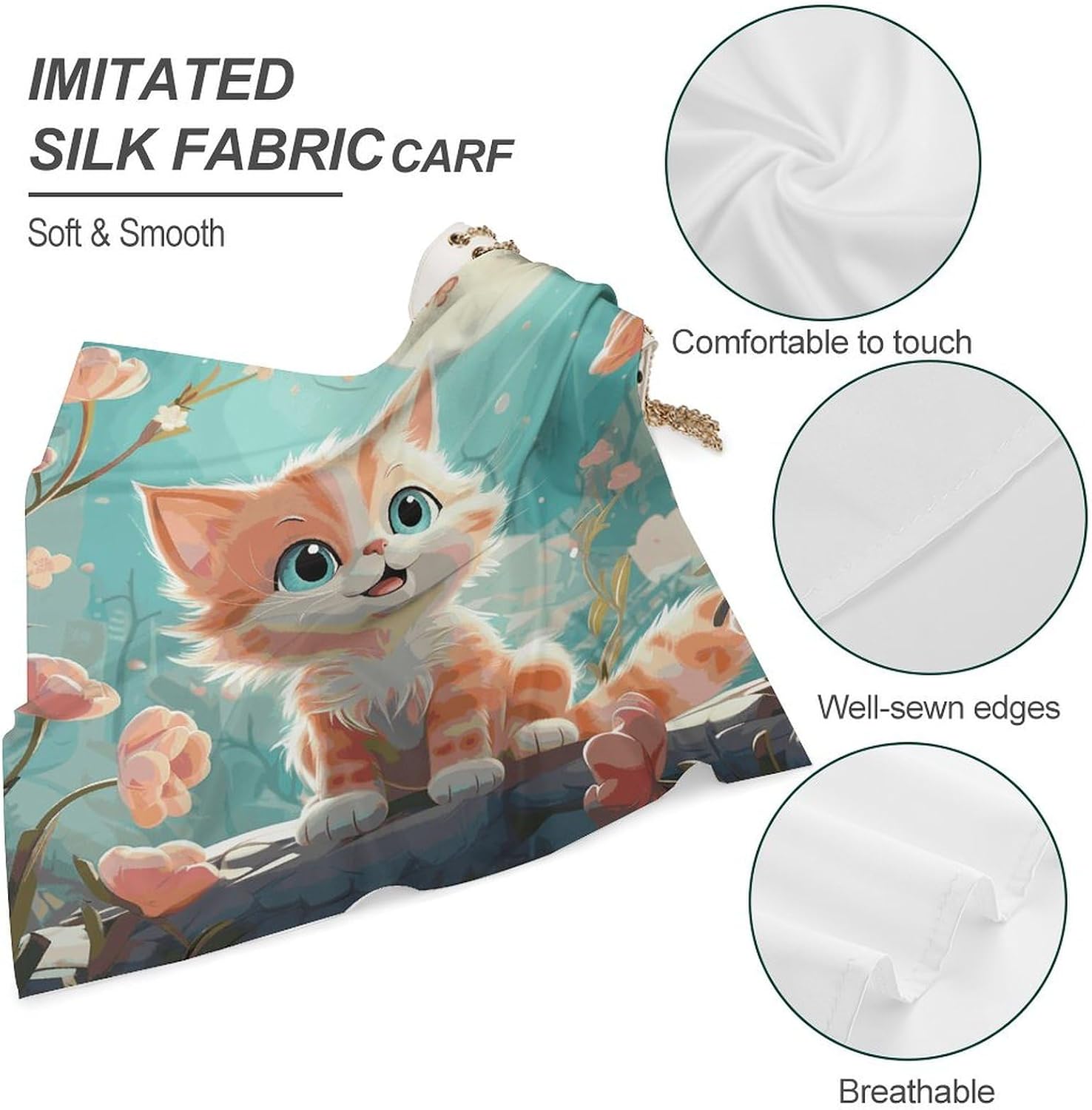 Square Kerchief Bandanas Silky Touch Head Scarf Cute Cats Mask Scarf for Men & Women 25"x25"