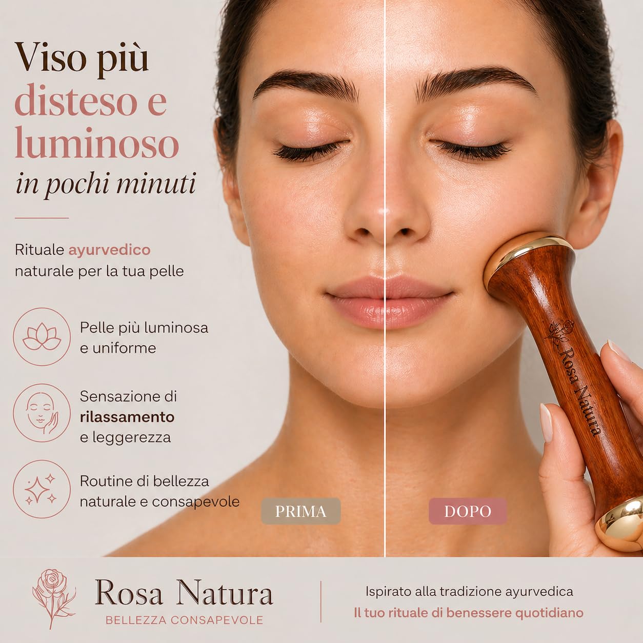 Kansa Wand Rosa Natura – Massaggiatore Viso Ayurvedico, Doppia Testa Bronzo e Teak, Effetto Lifting Naturale, Anti-Età, Pelle Luminosa e Distesa, Massaggio Viso e Collo