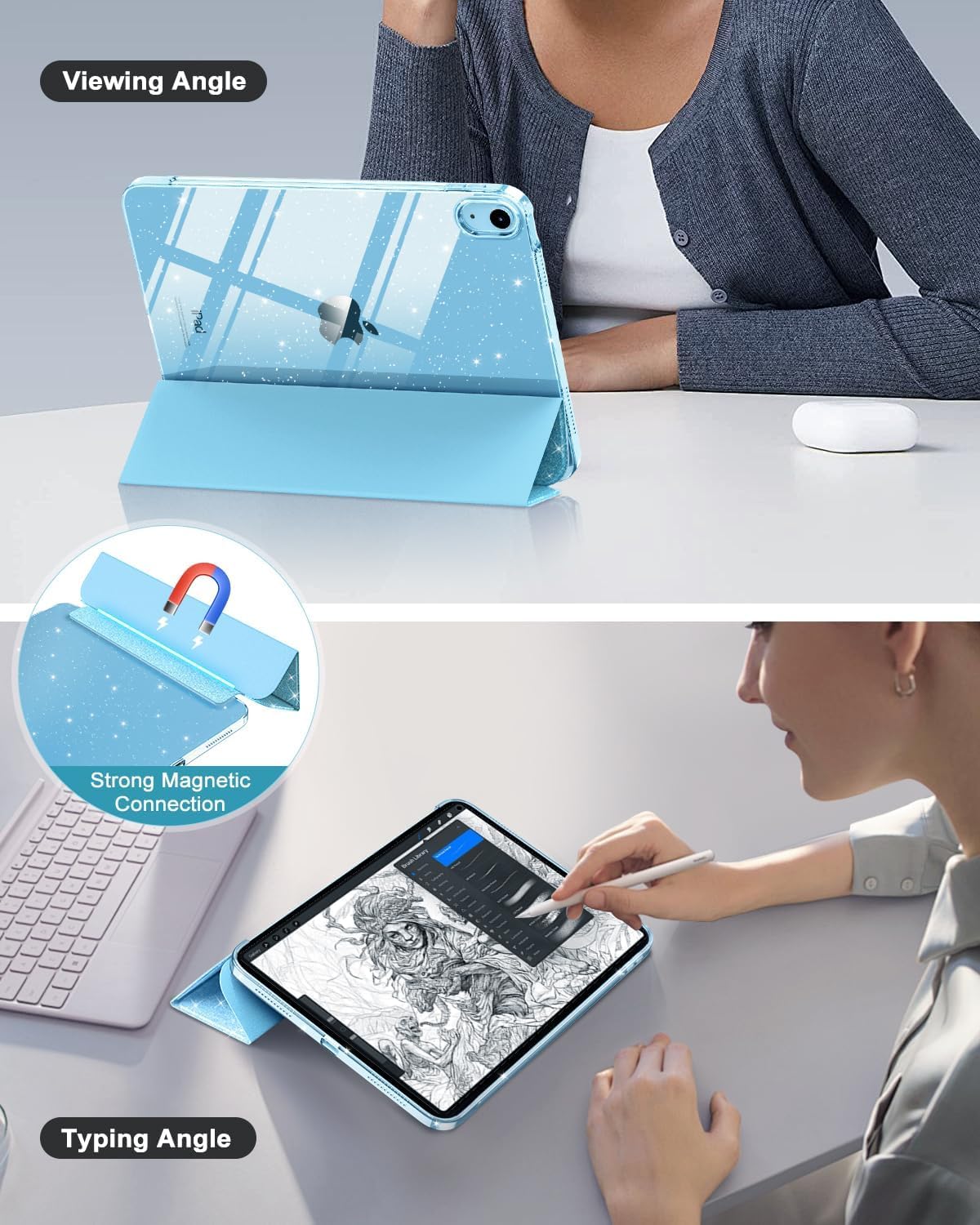 MoKo Case for iPad (A16) 11th Generation 2025/10th Gen 2022, Sparkly iPad 11/10.9 inch Case, Slim Stand Glitter Cover with Shiny Clear TPU Back Shell, Support Touch ID, Glitter Sky Blue