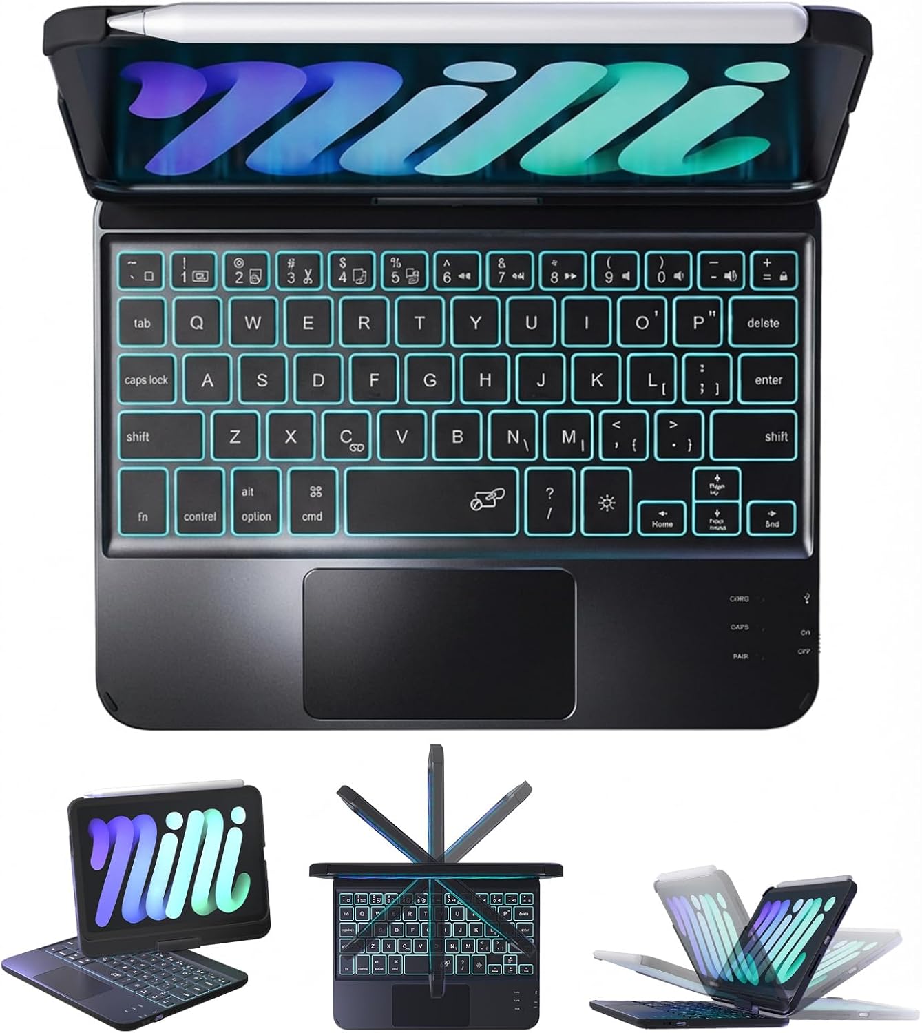 BABG Keyboard Case for iPad Mini 7 (A17 Pro, 2024) & Mini 6 (8.3 Inch) - 360° Rotatable &180° Flip Stand with Multi-Touch Trackpad, 7-Color Backlit Wireless Keyboard Cover, Rechargeable Battery, Black