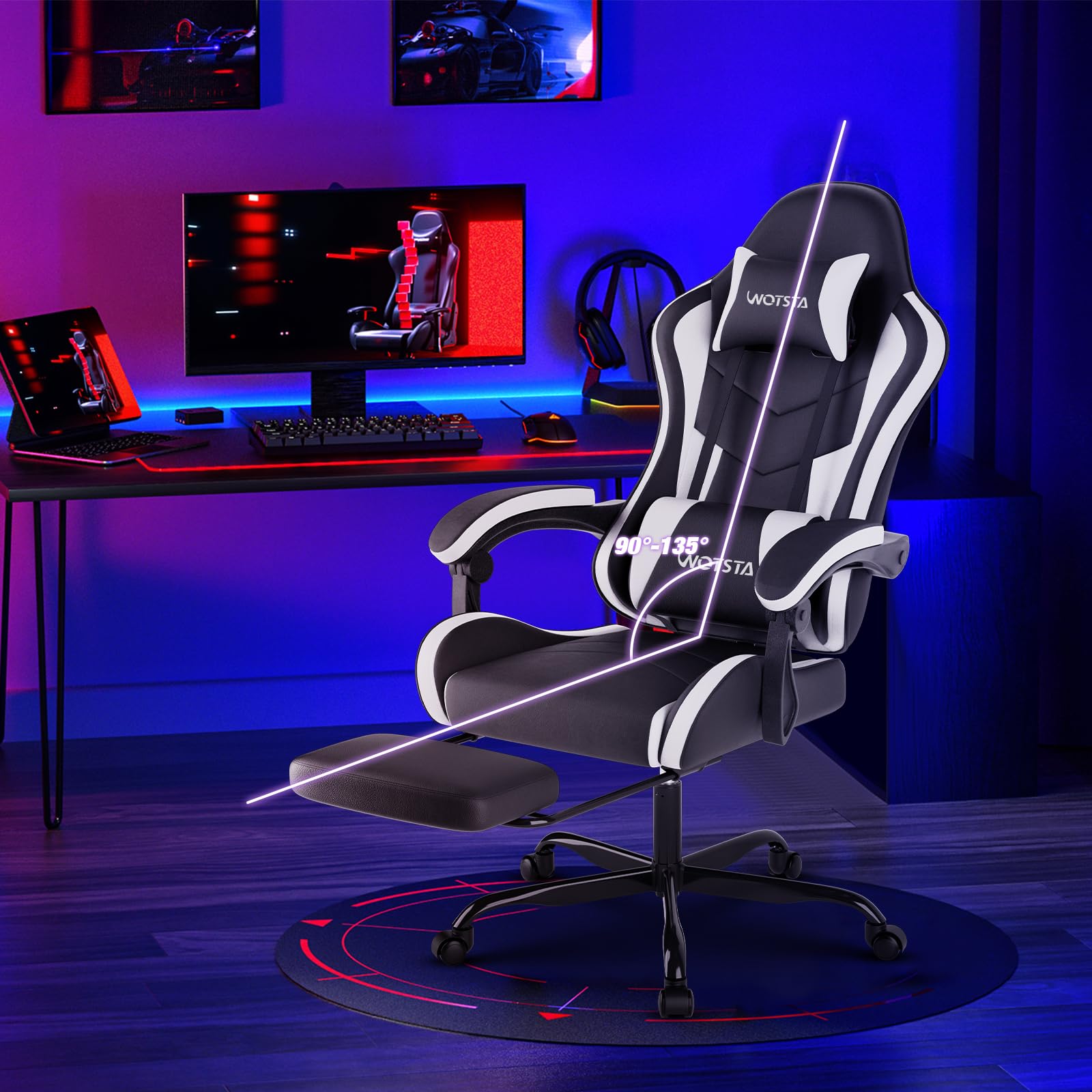 Silla Gaming, Sillón Gamer con Masaje Lumbar, Silla Ergonómica Reposapiés Retractable, Asiento Gaming Cómodo de Cuero, Silla Oficina con Respaldo Inclinable a 135°, Carga 120 KG