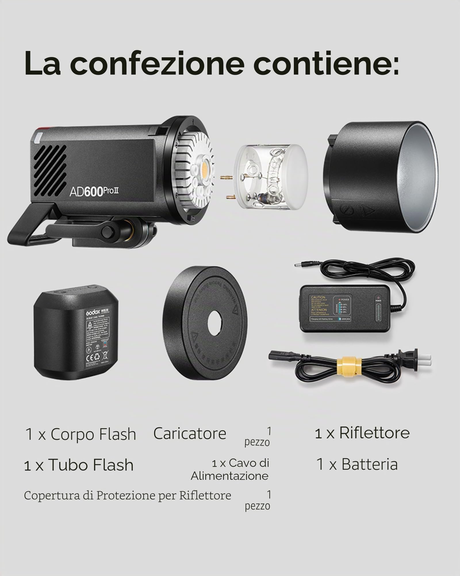 Godox AD600ProII - Flash da studio monocromatico, 600 WS, 2,4 G, TTL 1/8000s HSS per esterni, GN87 40 W bicolore 2800 K-6000 K, tempo di riciclaggio 0,01 s ~ 0,9 s, batteria al litio da 2600 mAh