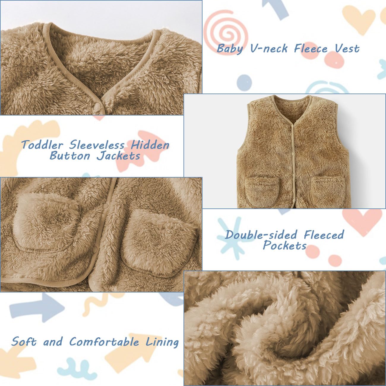 Gilet in Pile per Bebè Bambino, Inverno Gilet Smanicato per Bambino Piccoli con Bottoni a Pressione, Giacche Leggero e Caldo in Cardigan Neonato Giacca Unisex con Tasche Kaki/Marrone 1-7 Anni