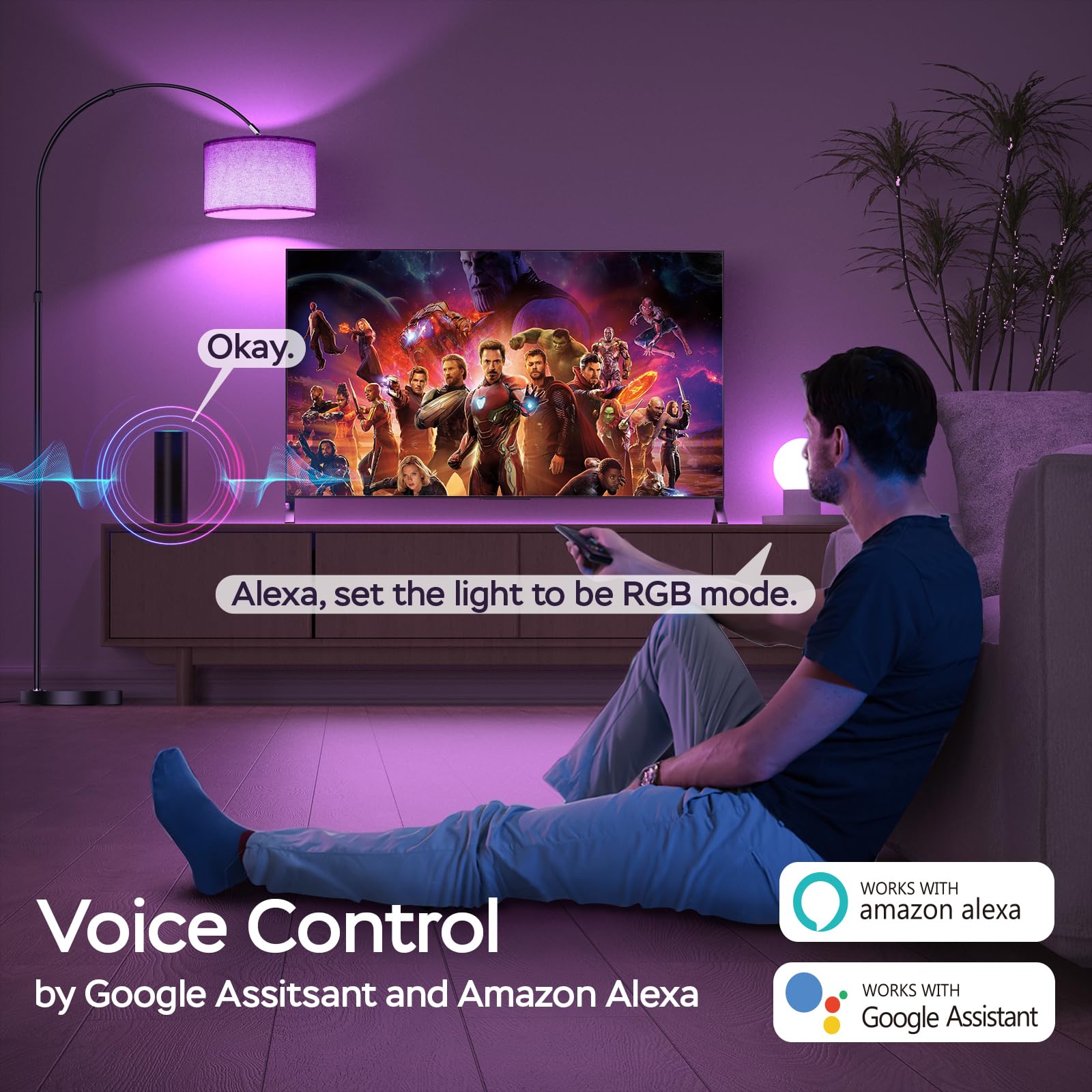Modlicht Lampada da terra intelligente, funziona con Alexa e Google Home, lampada da terra RGB dimmerabile, per feste o atmosfera festiva, lampada ad arco WiFi E27 9W per soggiorno, camera da letto