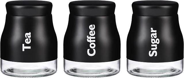 Set of 3 Matt Black Glass Tea Coffee Sugar Canister Caddy Set Large 900ml