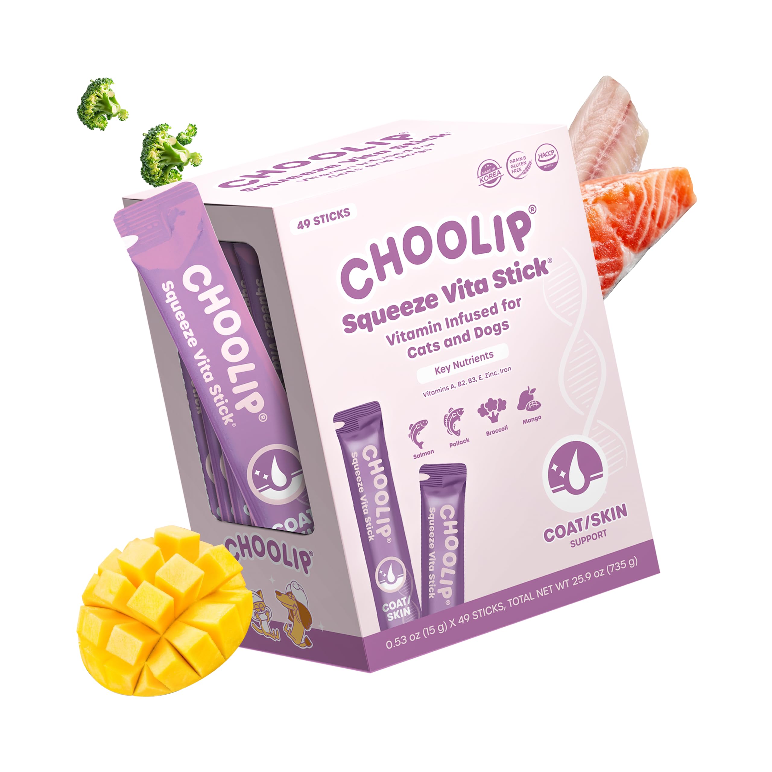 Choolip Squeeze Vita Stick Lickable Cat and Dog Treats, 49-Count Skin and Coat Variety Pack, Salmon and Pollack with Biotin and Vitamin E