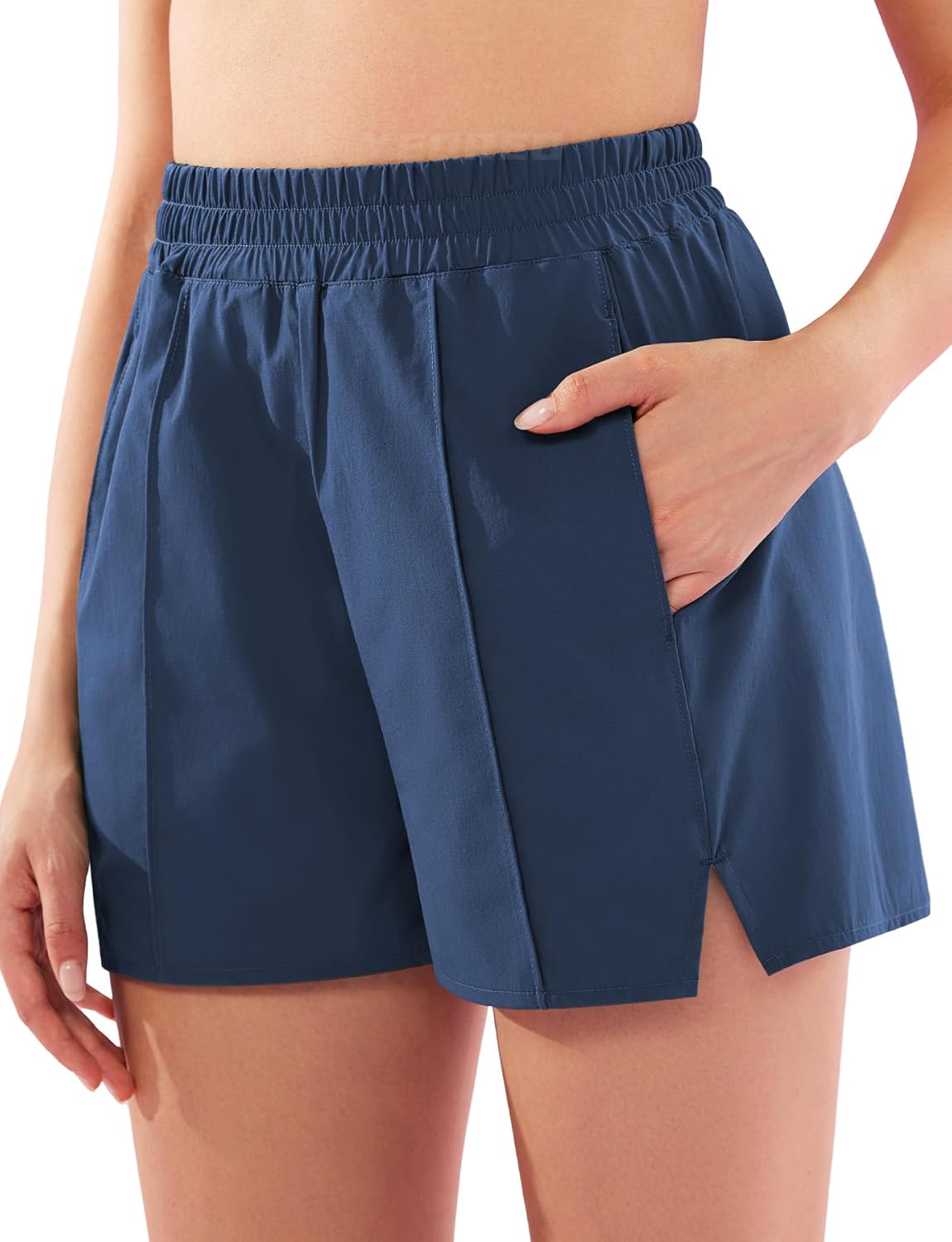 YEOREO Pearlire Running Shorts for Women Pockets Quick Dry Mid Rise Elastic Athletic Workout Gym Shorts