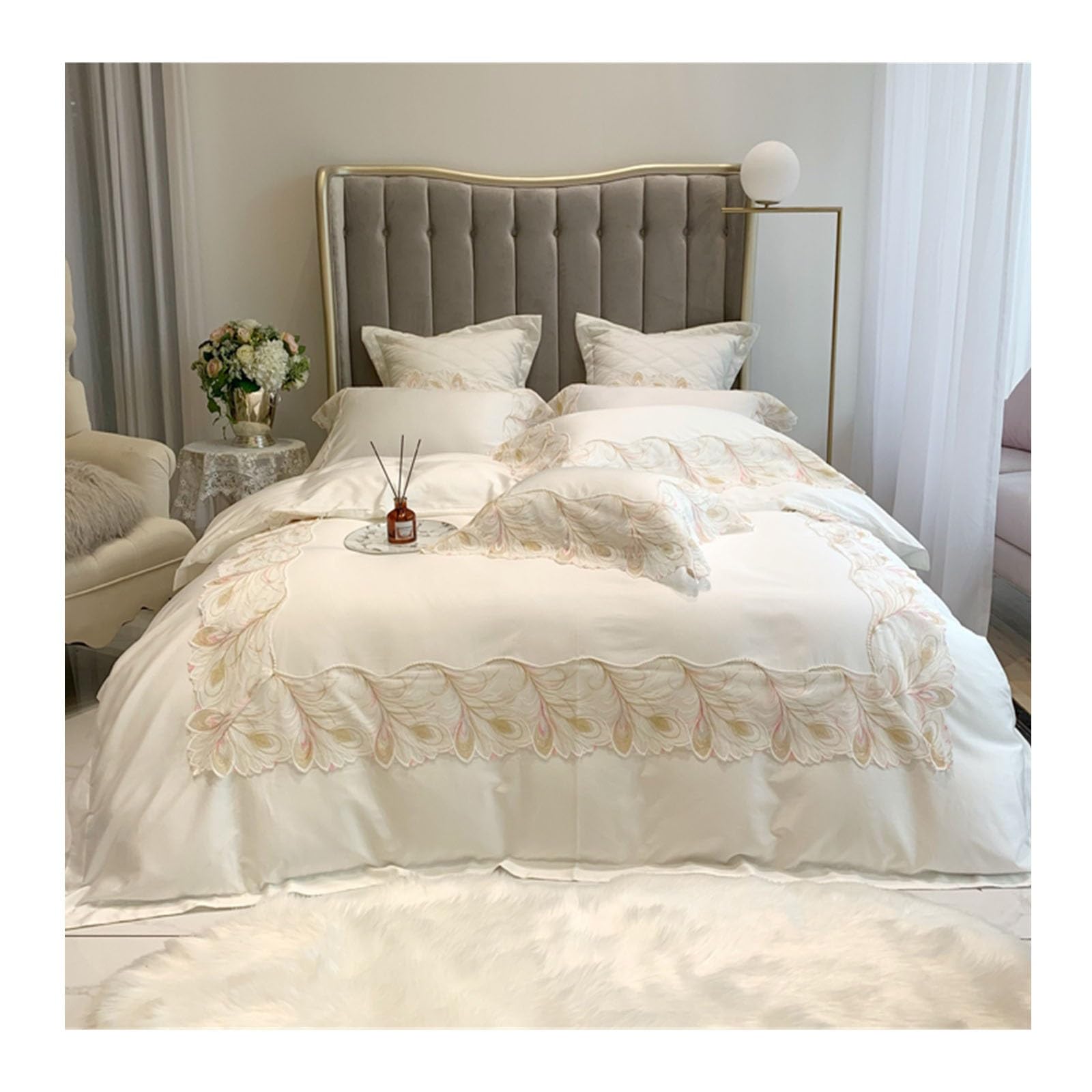 Housse de couette coton doux parure de lit moderne plumes blanches réversible 4 pièces