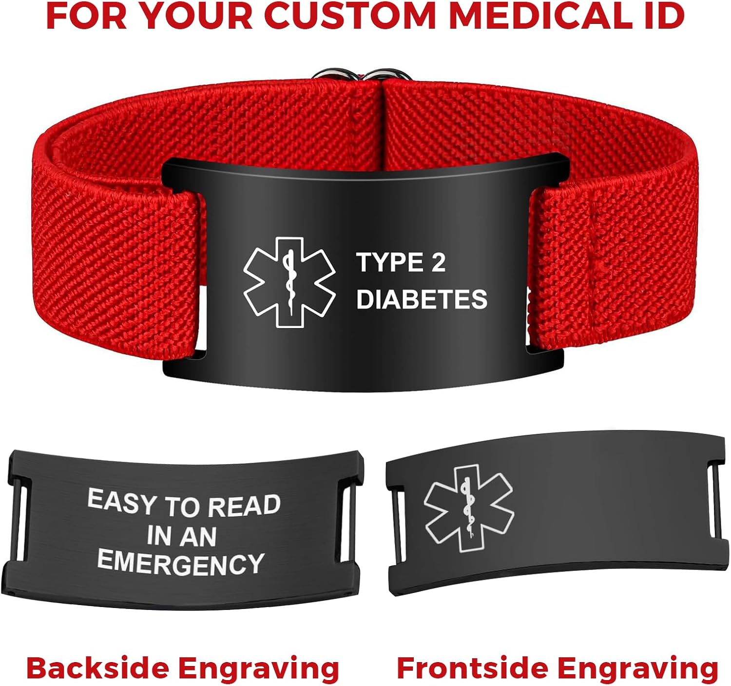 Personalized Medical Alert Bracelet, Custom Engraved Stainless Steel ID Plate with Stretch Elastic Strap, Emergency Awareness Medic Bracelet for Diabetes, Epilepsy, Autism, Allergies, Heart Conditions