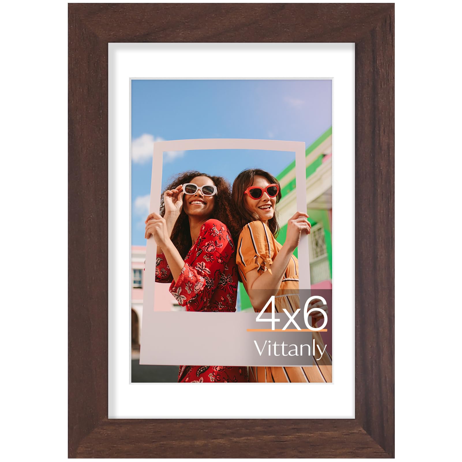 Vittanly 4x6 picture frame, Matted for 3.5x5 Photos, Brown — image 1