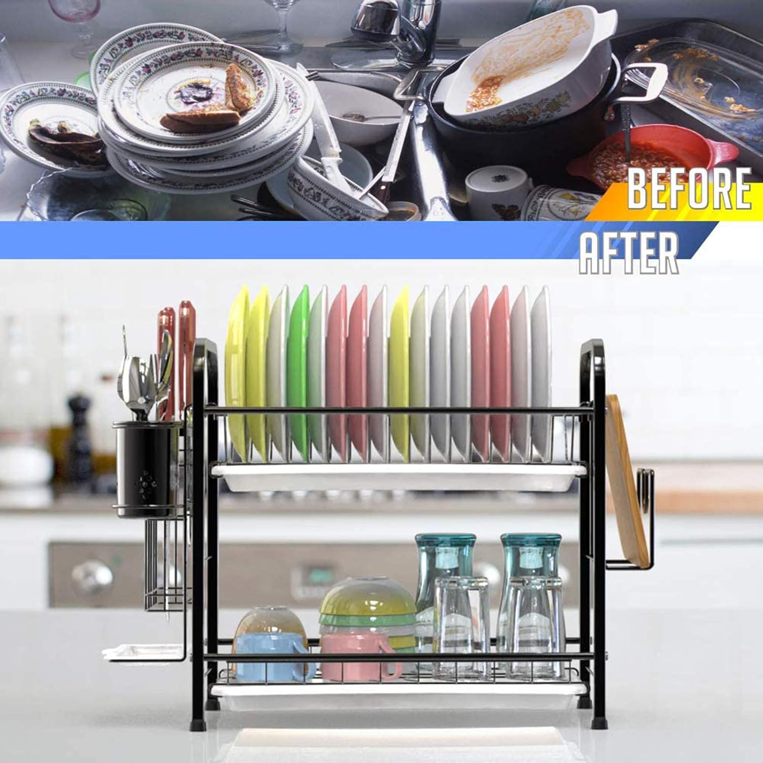 Veckle Dish Drying Rack, 2 Tier Dish Rack Stainless Steel Utensil Holder Cutting Board Holder Dish Drainer with Removable Drain Board for Kitchen Countertop, Black