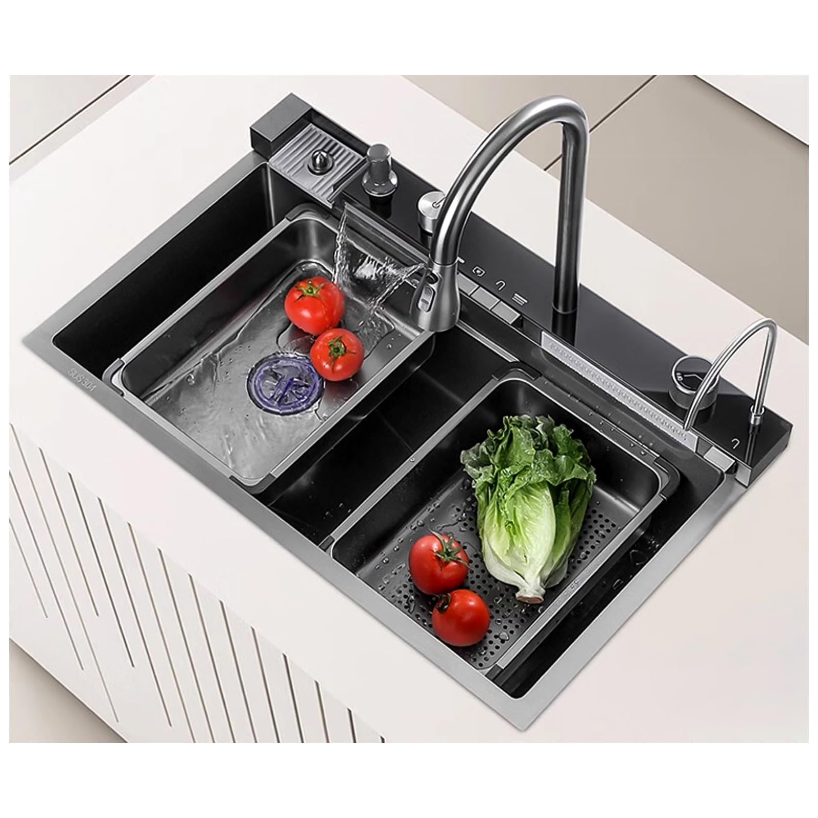 ZQFHSX Large Waterfall Kitchen Sink With Multi-function Faucet, Cup Washer, Drain Knob, Drinking Water Set, Workstation Sink, Black Gray Bar (Size : 80x46x22cm)