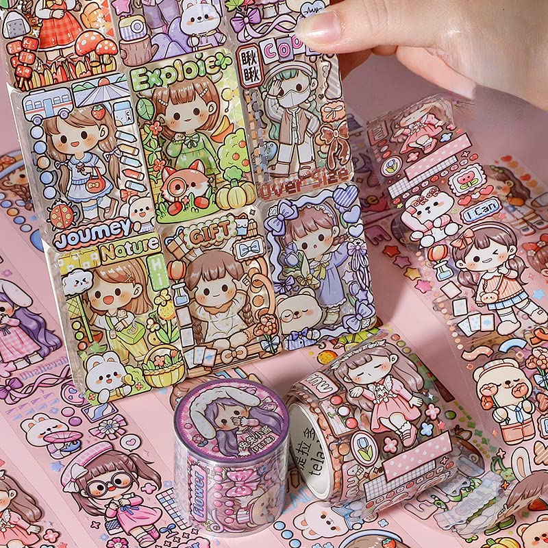 Cute Washi Tape Set, 6 Rolls Kawaii Fairy Floral Print Aesthetic Decorative Masking Tape Sets, Kawaii Stickers for DIY Journaling Scrapbook School Supplies (Multicolor)