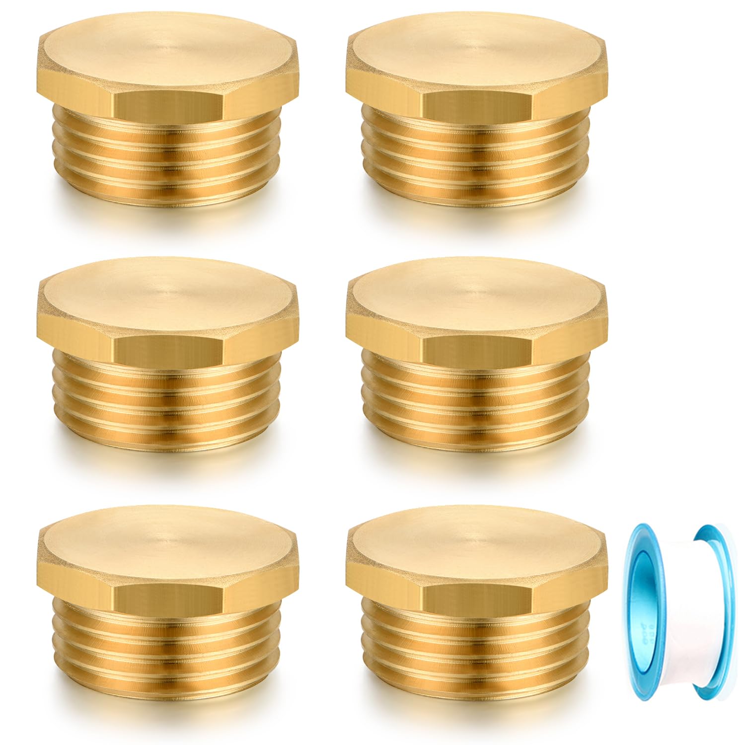 YELUN 3/4" GHT Male Brass Pipe Plug Outer Garden Hose Male Threaded End Cap Plug Garden Irrigation Pipe Fittings Water Tubing Stopper （6 PCS）