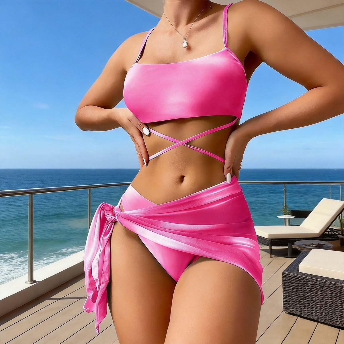 Conjunto de bikini de 3 piezas para mujer, teñido anudado, tirantes delgados, traje de baño cruzado con falda transparente, diseño de correa ajustable (rosa), Rosa, X-Large