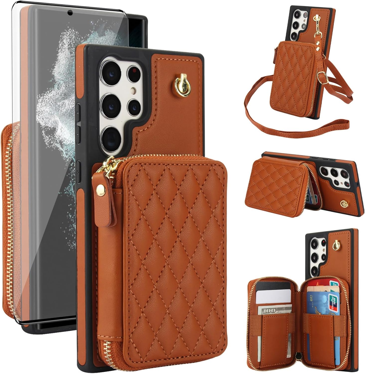 Phone Case for Samsung Galaxy S22 Ultra 5G Wallet Cell Cover with Tempered Glass Screen Protector Wrist Crossbody Strap RFID Blocking Card Holder TPU S22ultra 22S S 22 S22ultra5g 6.8 Women Girls Brown