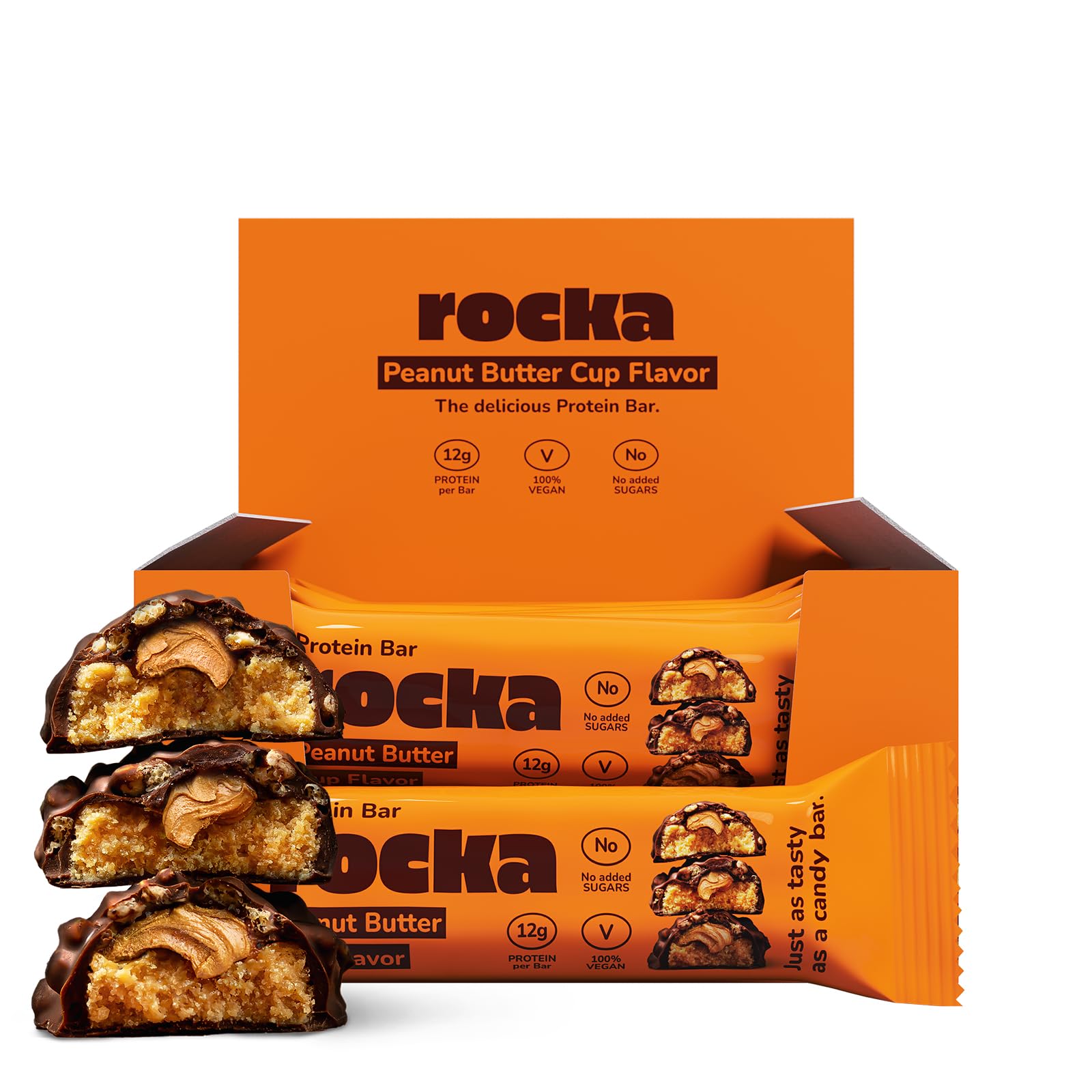 Rocka Nutrition Protein Bar I Veganer Proteinriegel mit 12 g Protein/Riegel I zuckerreduziert I voller Geschmack I 12 x 50g einzeln verpackte No Whey Bars (Peanut Butter Cup)