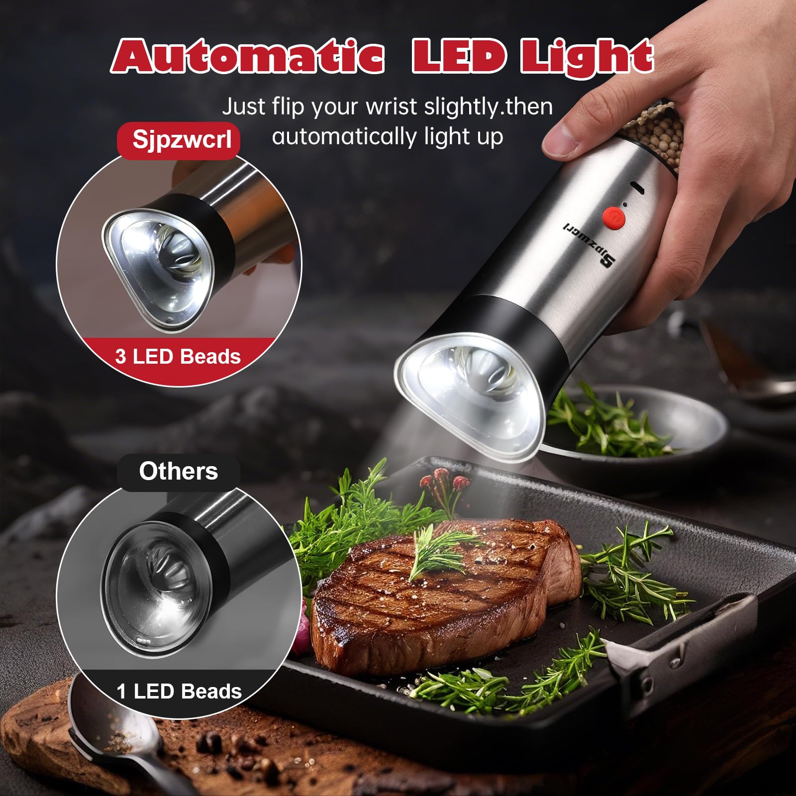 Elektrische Salz- und Pfeffermühle Set: für Schwerkraft Automatische Salz- und Pfeffermühle Set mit Licht Einstellbare Grobheit Meer Gewürzstreuer Edelstahl Wiederaufladbare Gewürzmühle Pfefferkorn