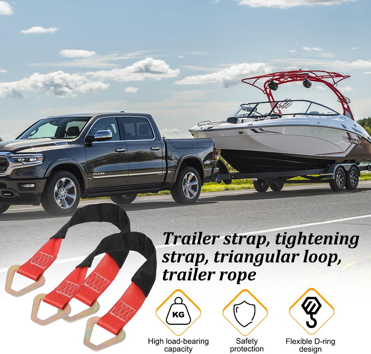 2PCS Car Axle Tie Down Straps, 24 x 2 6000 Lb Capacity Vehicle Wrecker Hauler Wheel Tie Down Strap with D Rings, Heavy Duty Automotive Accessories, Universal for Tow Truck Off-Road (Red)