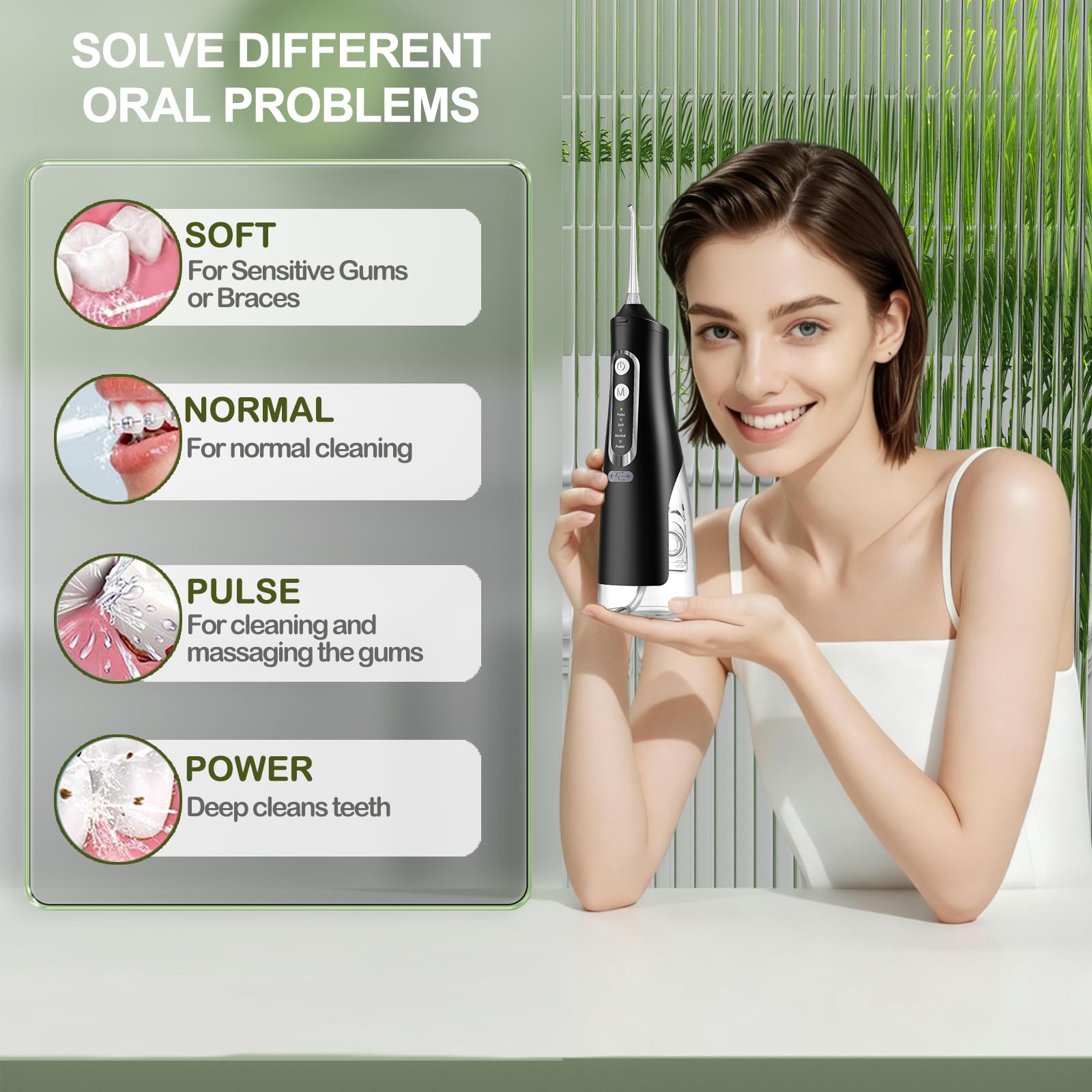 Annmiir Water Dental Flosser Professional Irrigator for Dental & Oral Care with 8 Tips 4 Modes 310mL Large Capacity IPX7 Waterproof Rechargeable and Portable Cordless (Black)