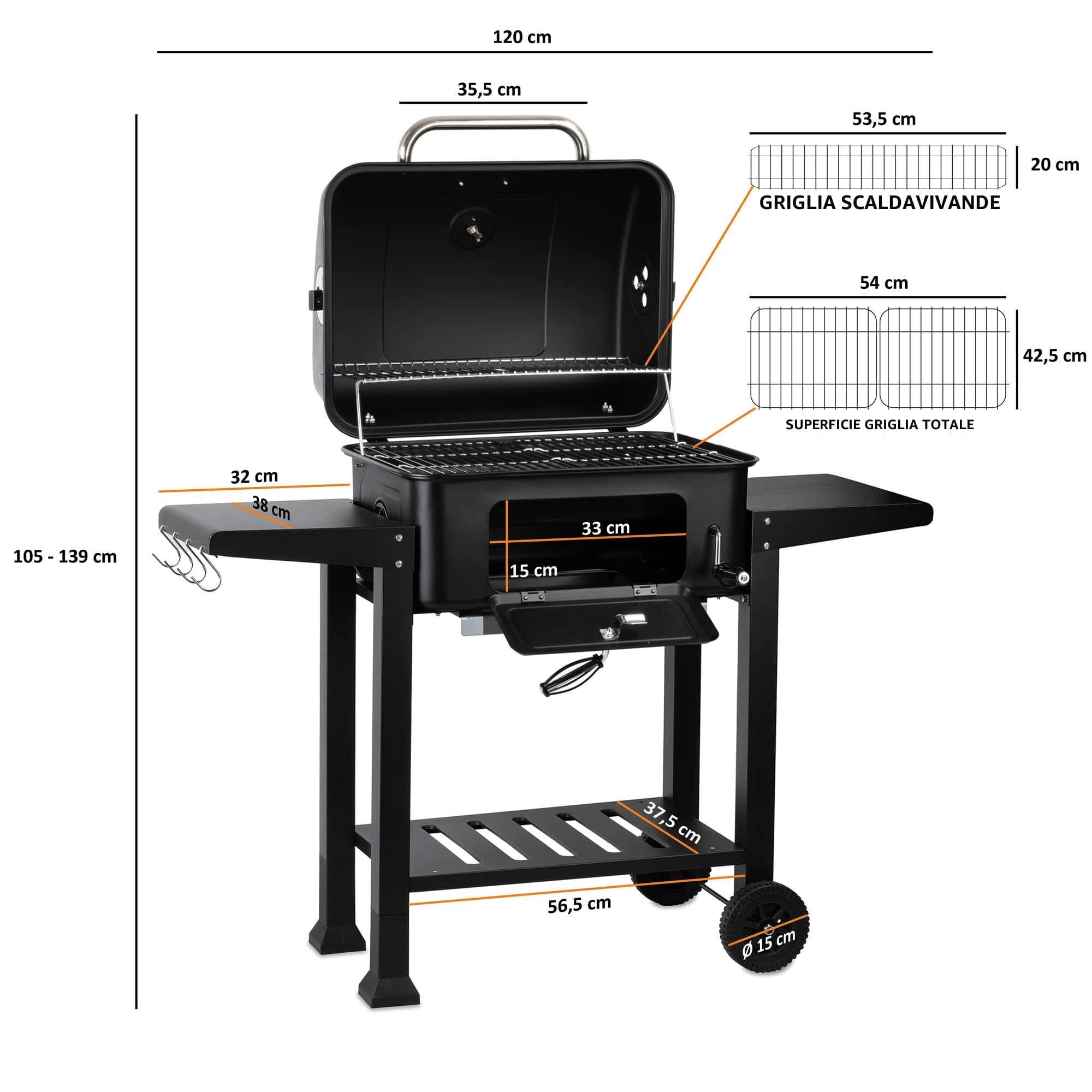 BBQ-Toro Carrello per barbecue a carbonella con vassoio per la carbonella regolabile in altezza | Barbecue a carbonella con coperchio, carrello per griglia