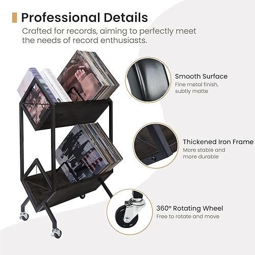 Miniatura 3 de Soporte de almacenamiento de discos de vinilo con ruedas, soporte para discos de 2 niveles 160-200 LP con divisores, exhibición de discos de vinilo