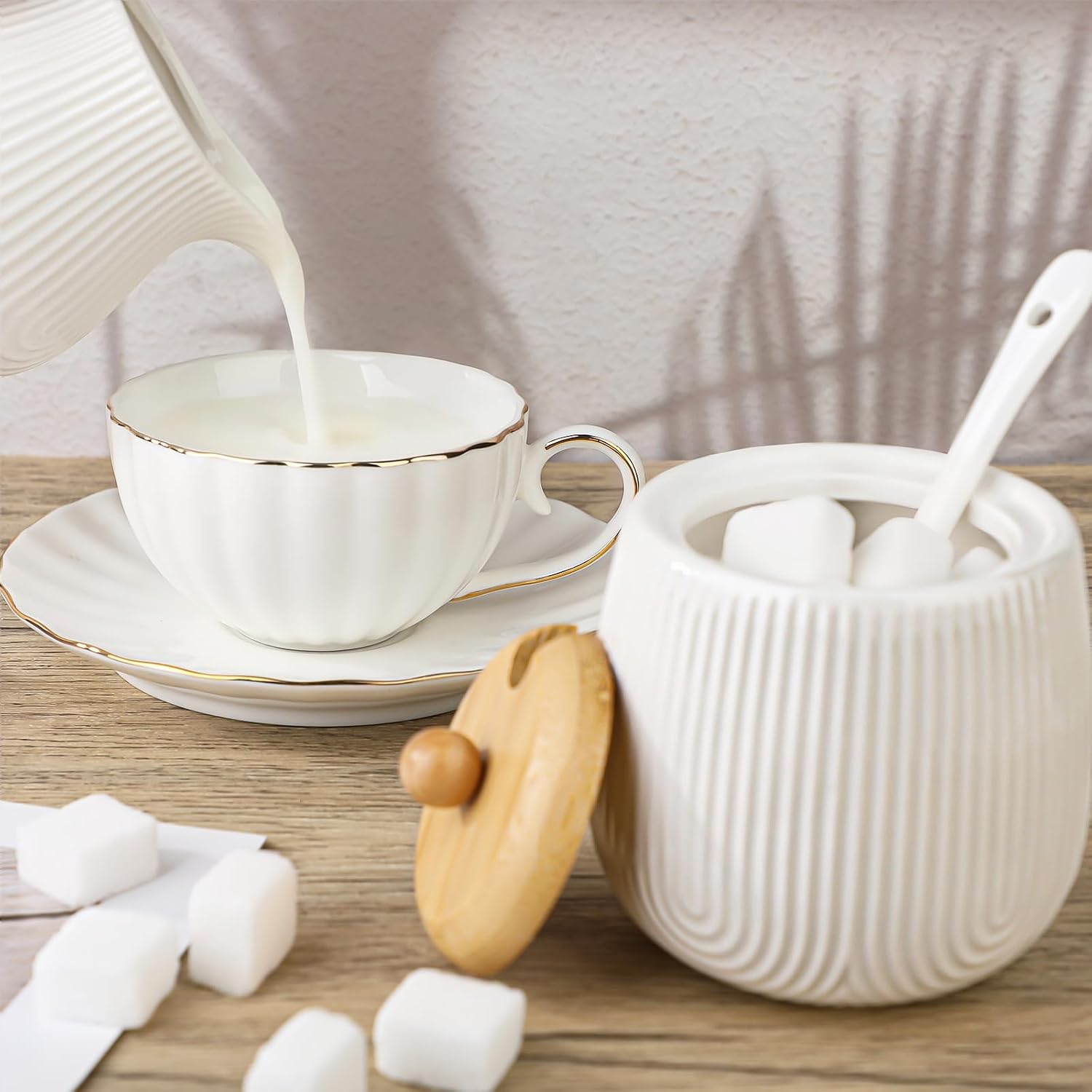 Ceramic Sugar and Creamer Set,10oz Sugar Bowl with Lid,8.5oz Cream Pitcher