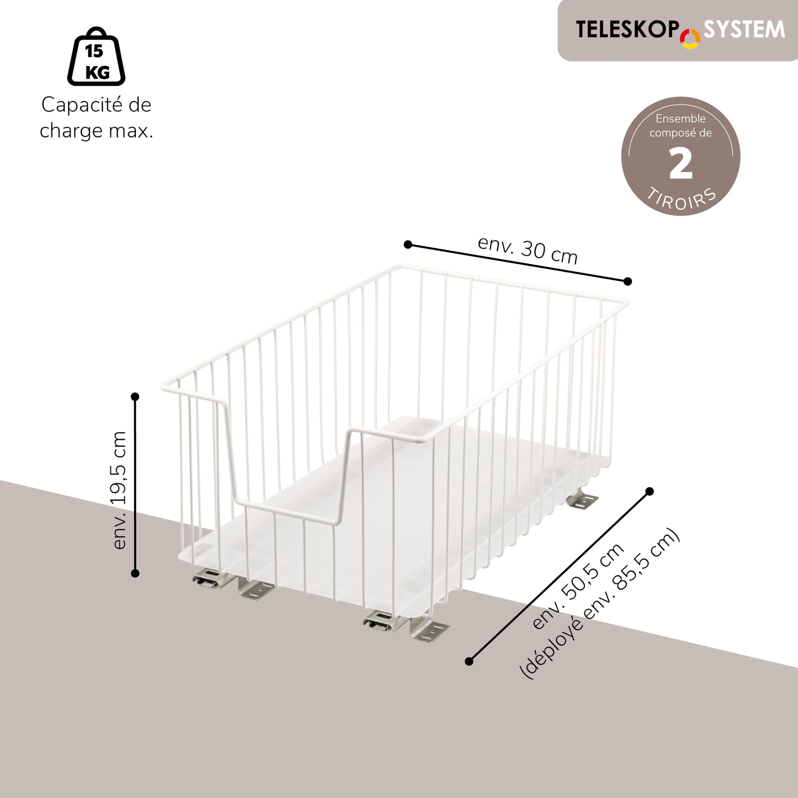 bremermann Lot de 2 paniers d'armoire de 30 cm de large avec étagère, tiroir de cuisine à extension complète avec rails télescopiques, idéal pour cuisine, salle de bain et chambre à coucher, en métal