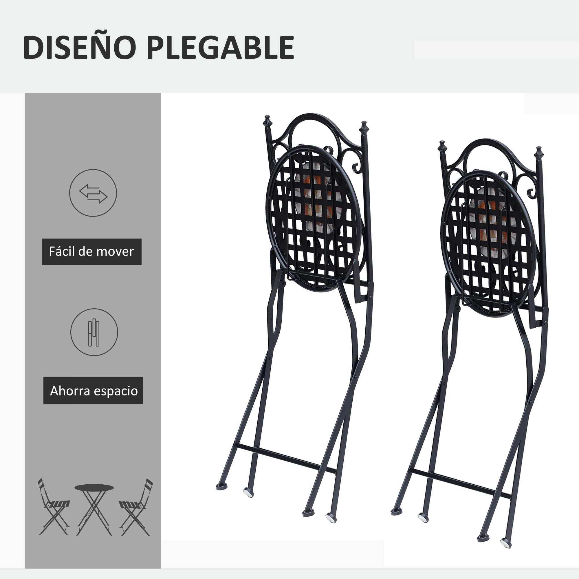 Outsunny Set de 2 Sillas Plegables de Jardín Bistro 50x40x94,5 cm Negro | Silla Asiento Mosaico, para Terraza Balcón, Metal, Carga 120 kg