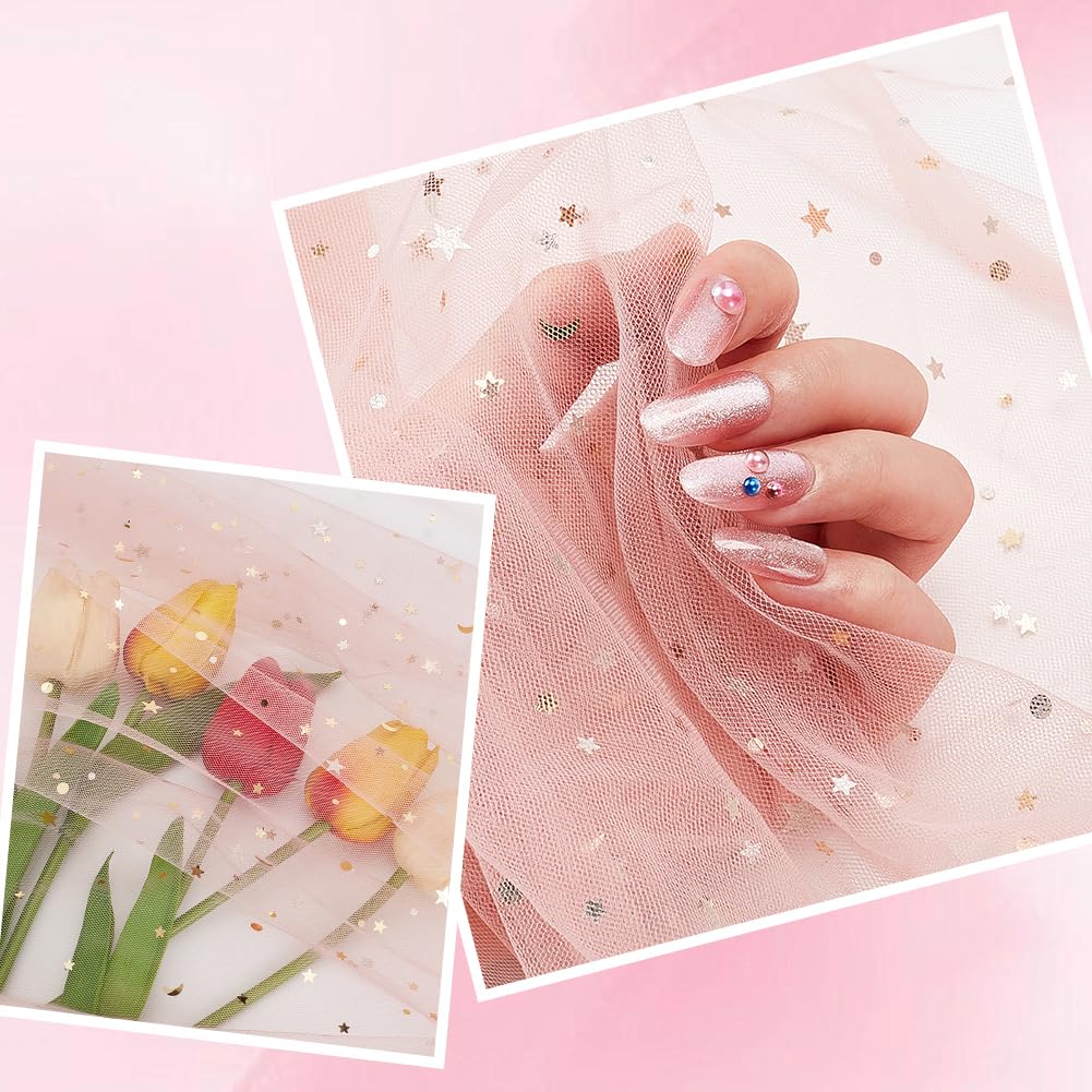 AHANDMAKER 59" x 5 Yards Pink Glitter Tulle Fabric Rolls, Pink Star Moon Sequin Tulle Netting Fabric - Image 3