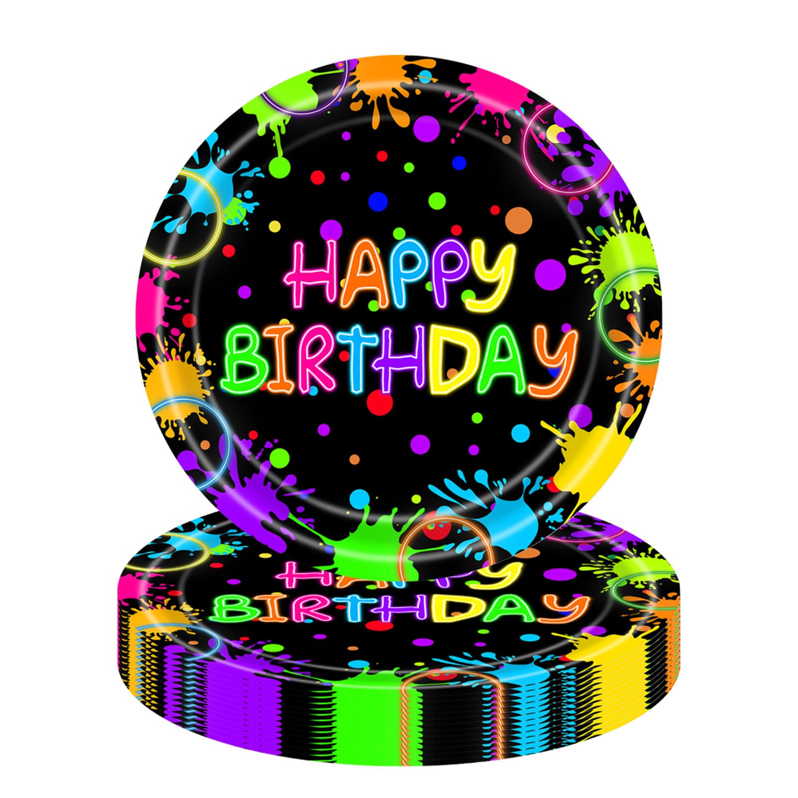 MOMAHUA Glow Party 9" Dinner Plates 16 Pcs, Neon UV Reactive Happy Birthday Paper Plates, Let's Glow Crazy Blacklight Theme Birthday Party Tableware Supplies for Kids Adults Boys Girls Food & Dinner