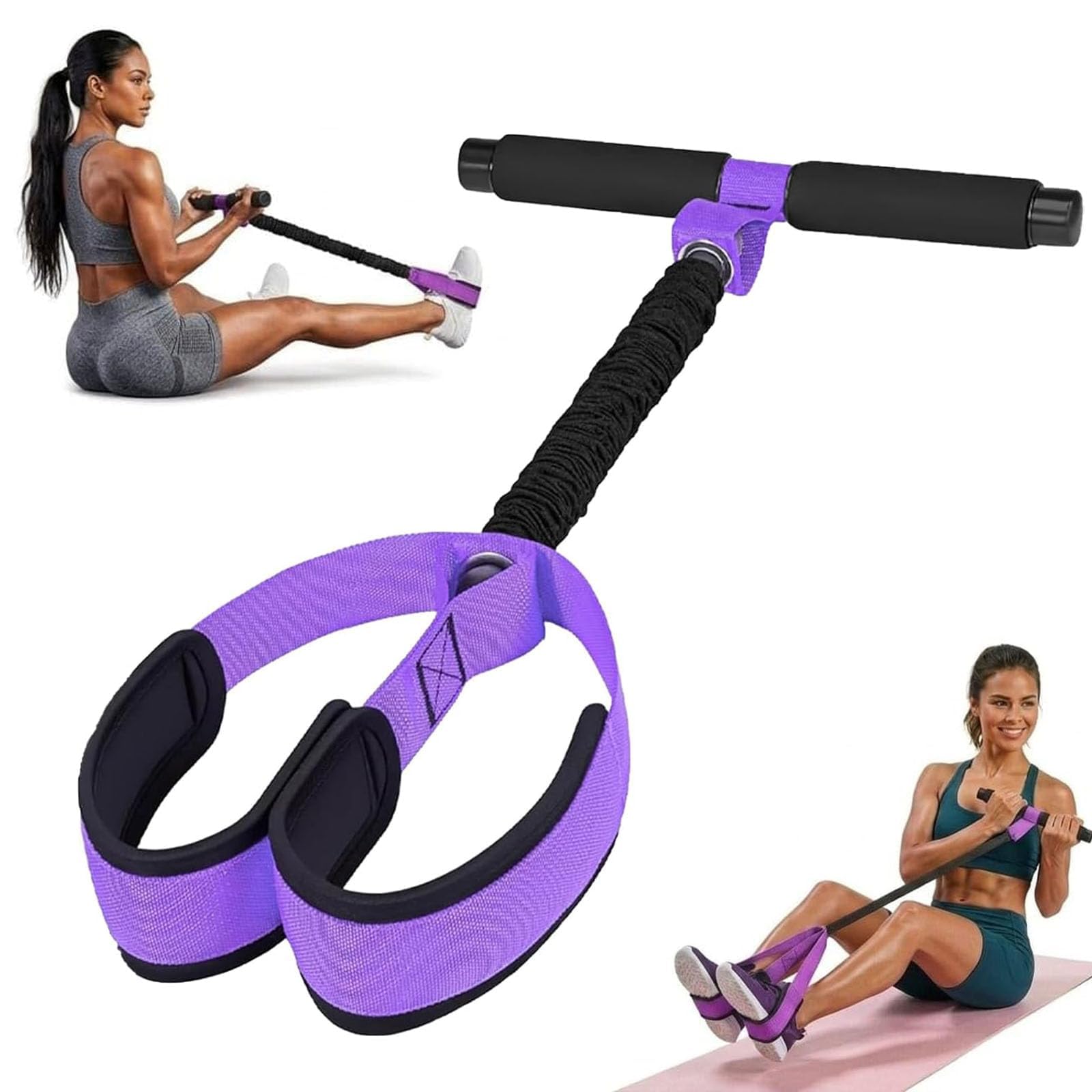 Pedal Resistance Bands with Handle, Purple Tension Rope Exercise System and Sit Up Exercise Equipment for Home Workouts, Core Strength Training and Stretching