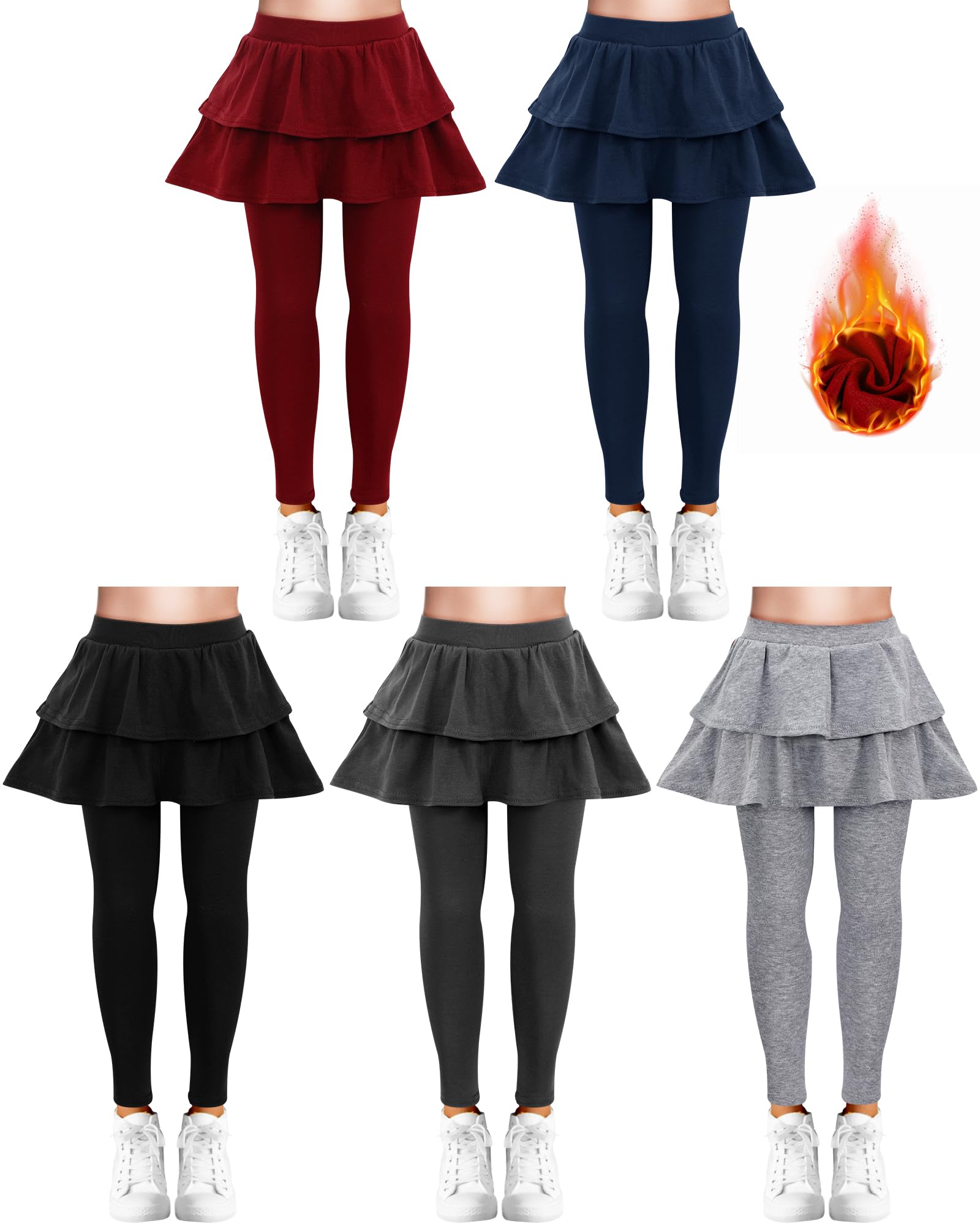 Taiyin Confezione da 5 leggings in cotone con volant, tutù, leggings senza piedi, con gonna, uniforme scolastica, per ragazze, autunno inverno