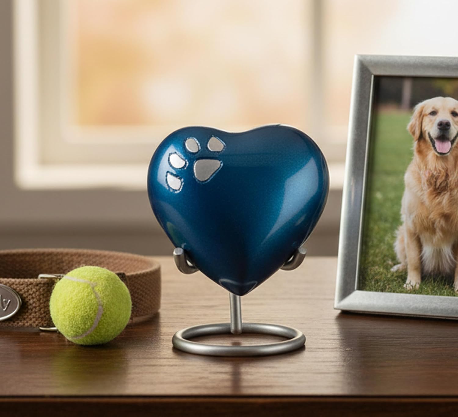eSplanade Brass Mini Cremation Heart-Shaped Keepsake Memorial Jar Pot Container | Small Urn for Funeral Ashes Burial | Paws Engraved Metal Keepsake with Stand | Dark Blue - 2.75 Inches