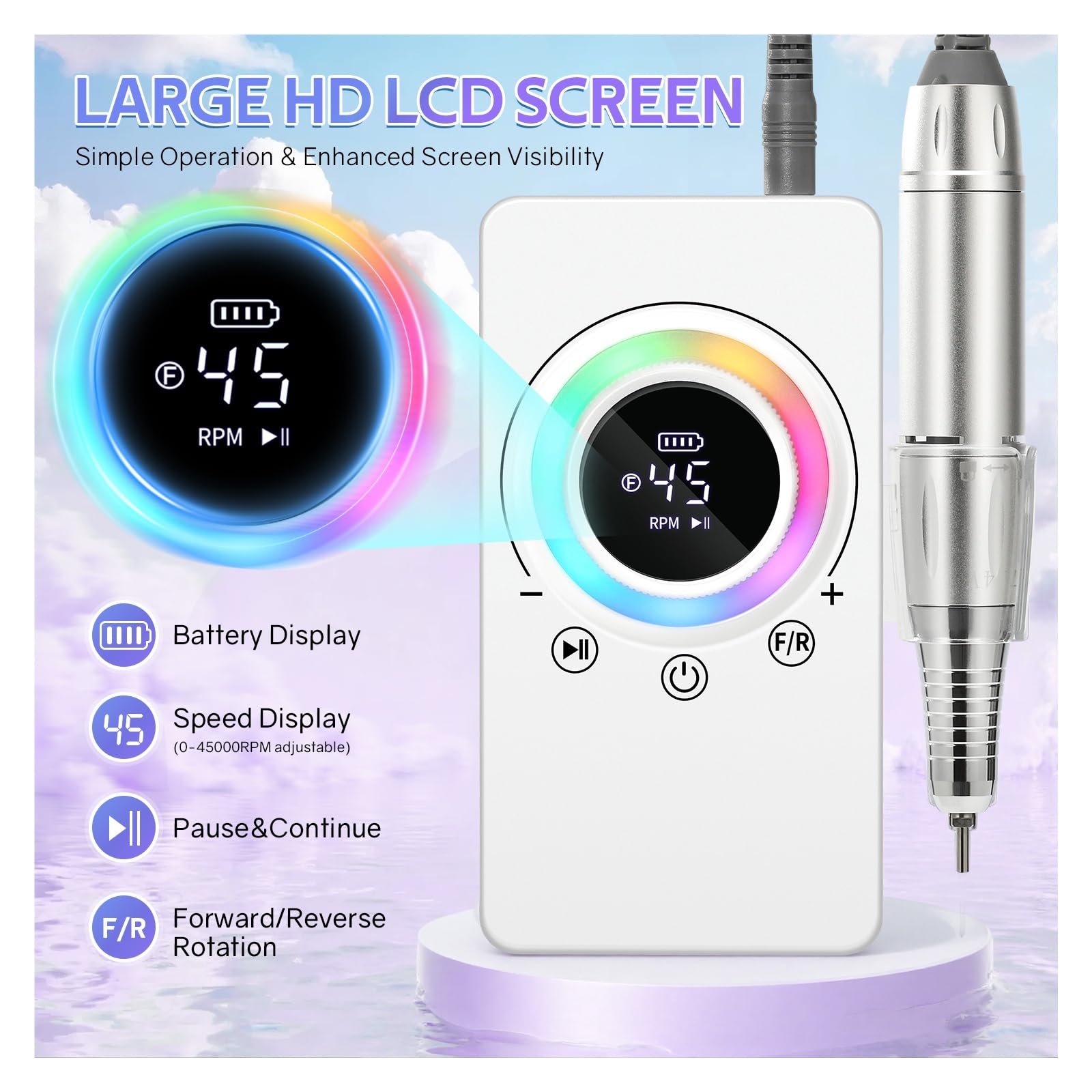 Trapano per unghie, Trapano elettrico for unghie 45000 giri/min, kit for manicure portatile ricaricabile senza fili con display LCD(Groen)