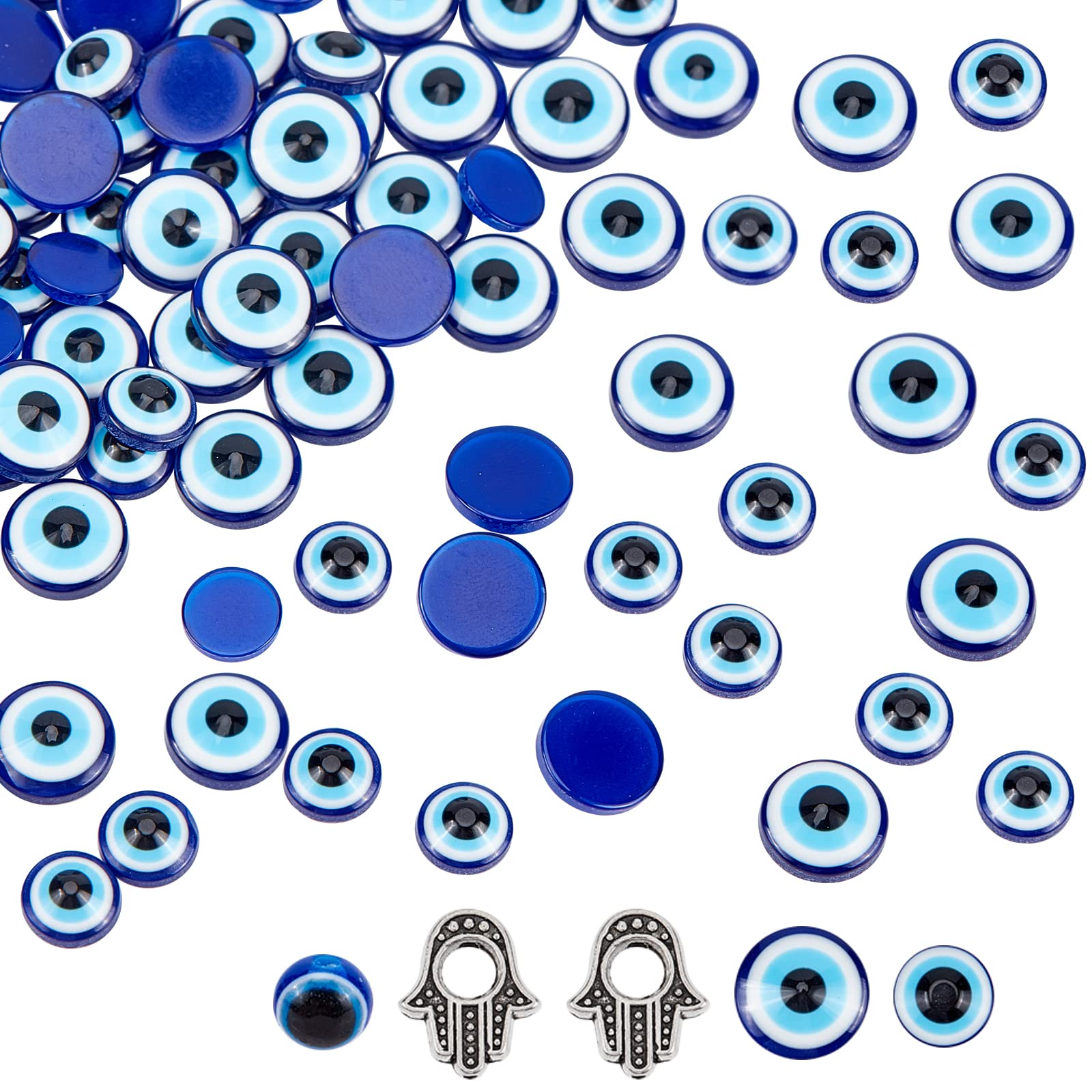 NBEADS202 Pcs Evil Eye Beads Set, 200 Pcs 2 Sizes Flat Back Evil Eye Cabochons 2 Pcs Hamsa Hand and 1 Pcs Round Evil Eye Resin Bead for DIY Jewelry Making Kit