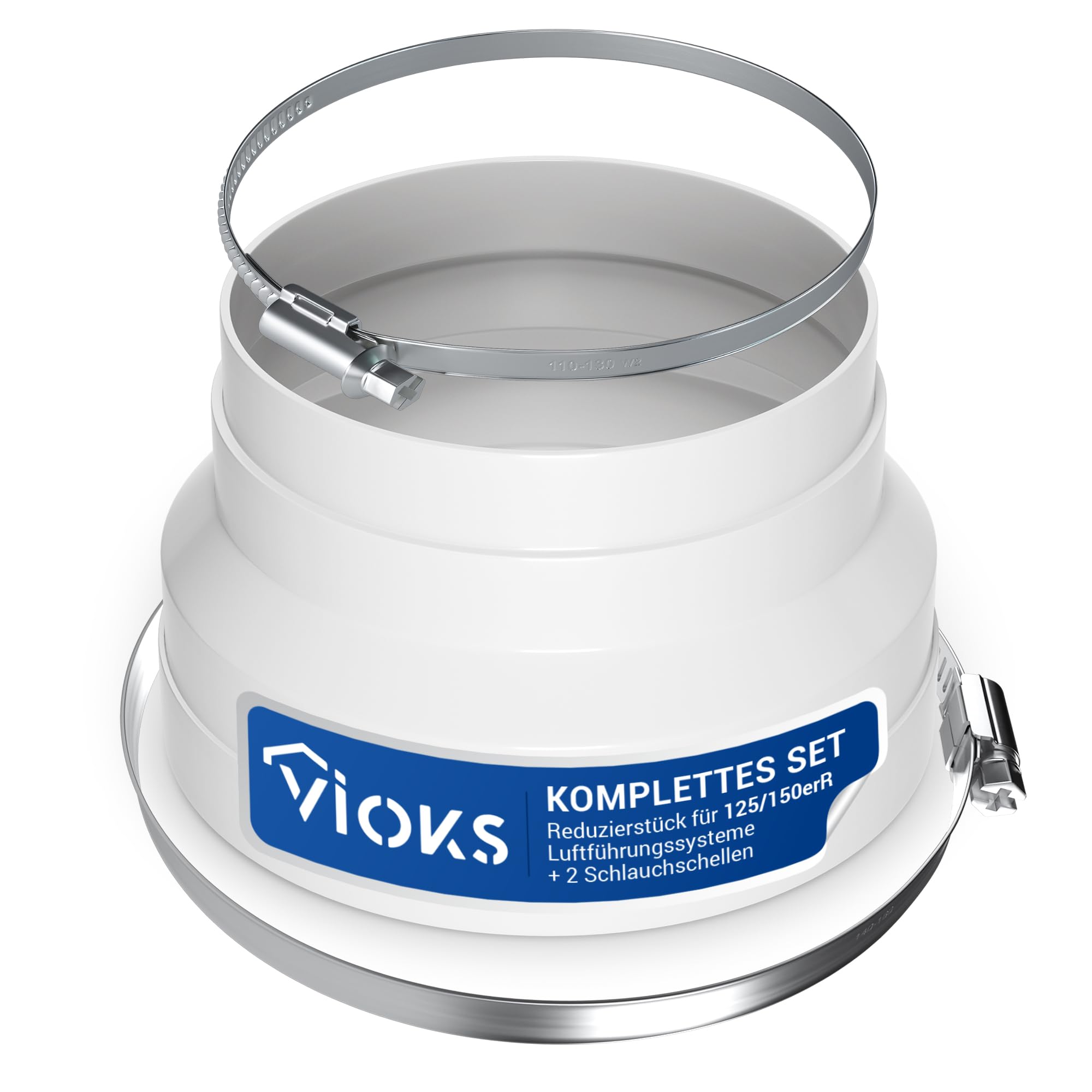 VIOKS Adapter węża wylotowego 150 do 125 mm + 1 obejma do węża 110-130 mm Ø + 1 obejma 140-160 mm Ø/ wąż wylotowy zestaw łączników do techniki wentylacji, okapu kuchennego, klimatyzacji