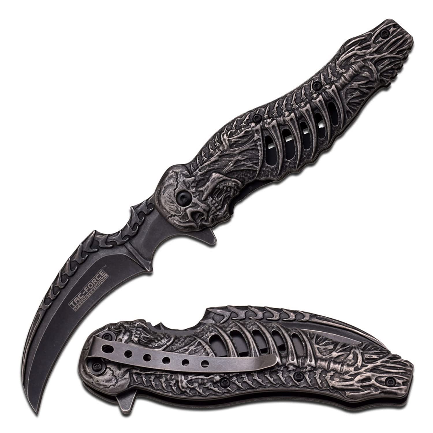 Tac-Force- Folding Pocket Knife – Stonewashed Finish Stainless Steel Blade and Handle w/Sculpted Skeleton Design, Pocket Clip, Tactical, EDC, Rescue - TF-857