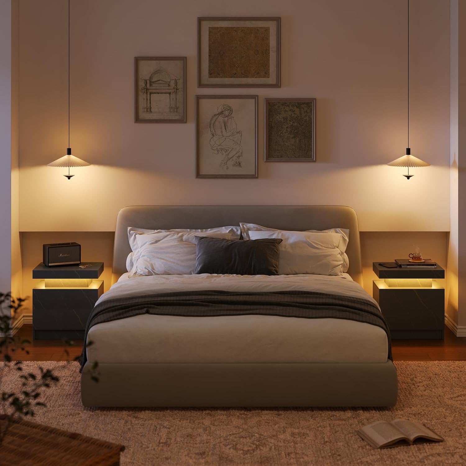 Nightstands Set of 2, Bedside Tables with LED Lights, Night Stands with 2 Wood Drawers, End Tables Set of 2 for Living Room/Bedroom