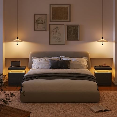 Miniatura 8 de Juego de 2 mesitas de noche LED, juego de 2 mesitas de noche modernas, tiras de luz LED multicolor, cajón deslizante, almacenamiento de gran