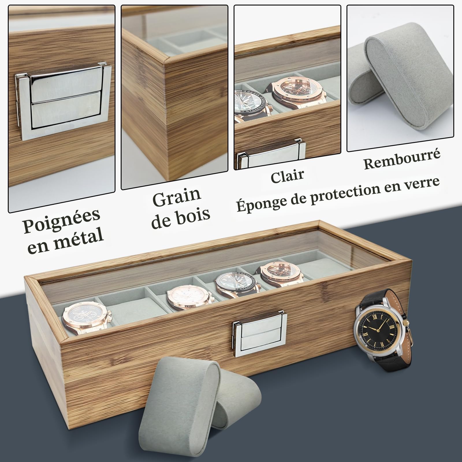 Boite a Montre 6 Slots, Boite Rangement Montre avec Oreiller Amovible, Etui Montres d'Affichage Vintage, Coffret Montres avec Couvercle En Verre(6 emplacements)