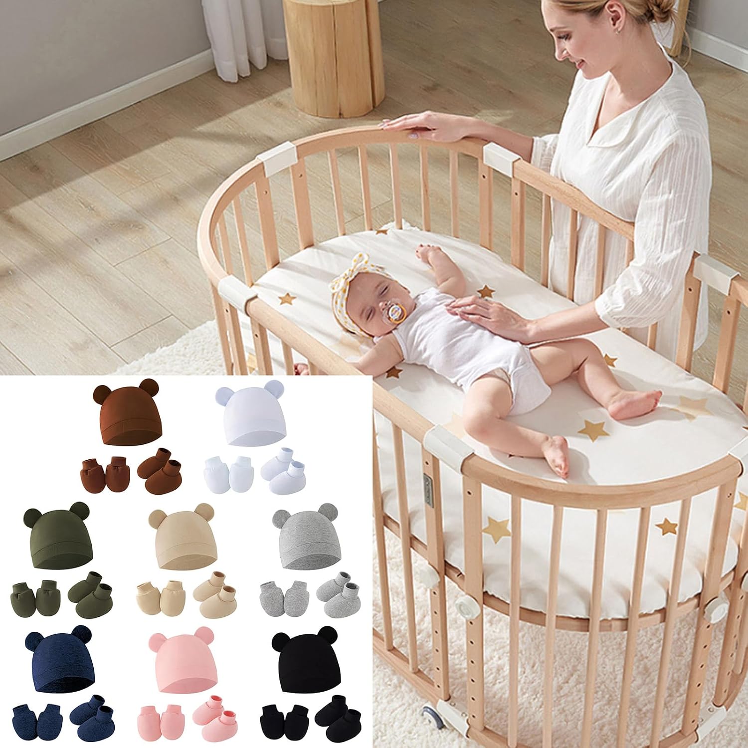 3pcs/Set Cotton Newborn Cap with Anti Scratch Mittens and Foot Cover Infant Warm Headwear Baby Gloves with Socks