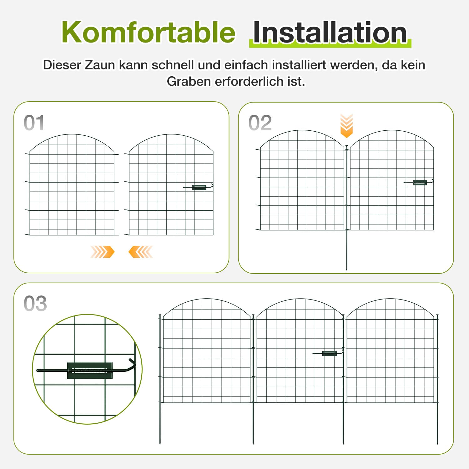 Gartenzaun Teichzaun Set, Steckzaun 11 Zaunelemente, Dekoration Gitterzaun mit Türschloss, Wetterfest Zaun für den Garten, 70CM * 78,5CM Hundezaun Metallzaun (Oberbogen, Grün)