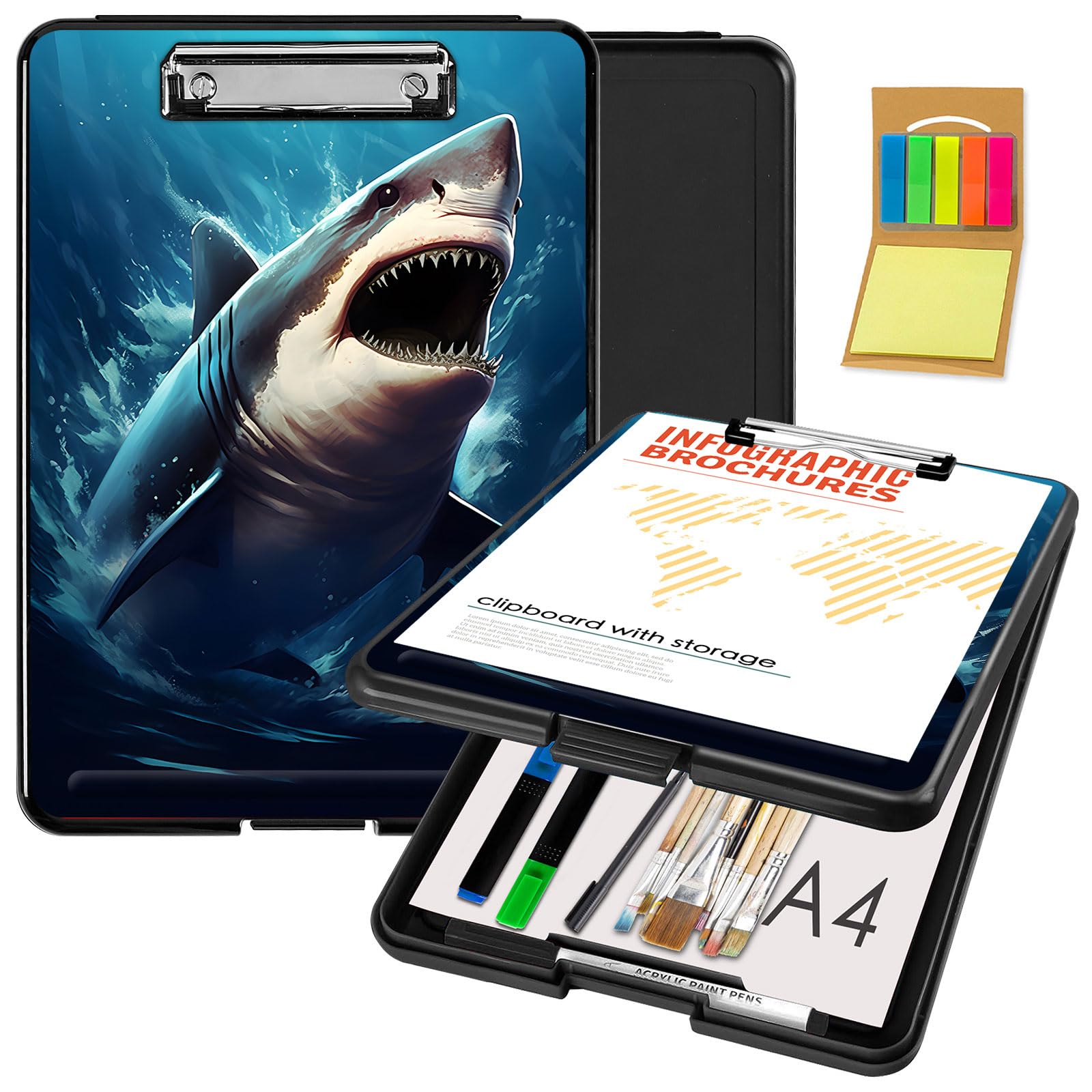 Clipboard with Storage,Office Supplies Nursing Clipboards Folder with Pen Holder Plastic Foldable Clip Board with Storage for Nurse Teacher,Shark in