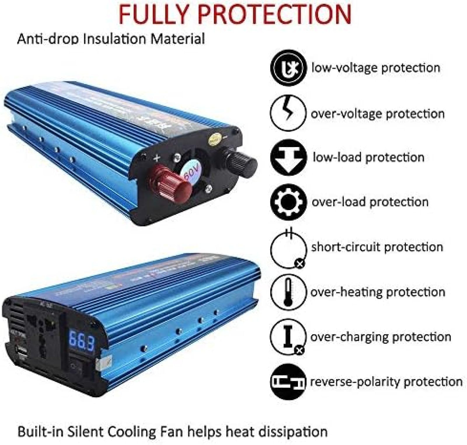 Zmodyfikowany falownik sinusoidalny Dc 12 V / 24 V / 36 V / 48 V / 60 V / 72 V na AC 220 V / 230 V, Przetwornica napięcia 1200 W 1600 W 2200 W, Przetwornica ze złączem USB na kemping, podróż