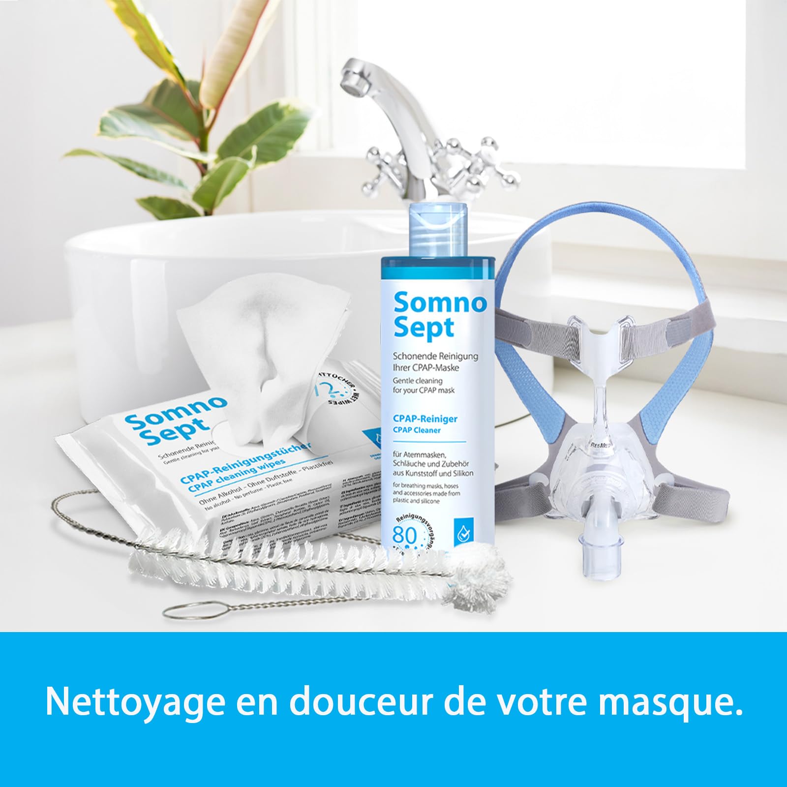Kit de nettoyage CPAP (SomnoSept 400 ml, lingettes SomnoSept 72 pièces, brosse oxyhero 19 mm) – Kit de nettoyage complet de haute qualité