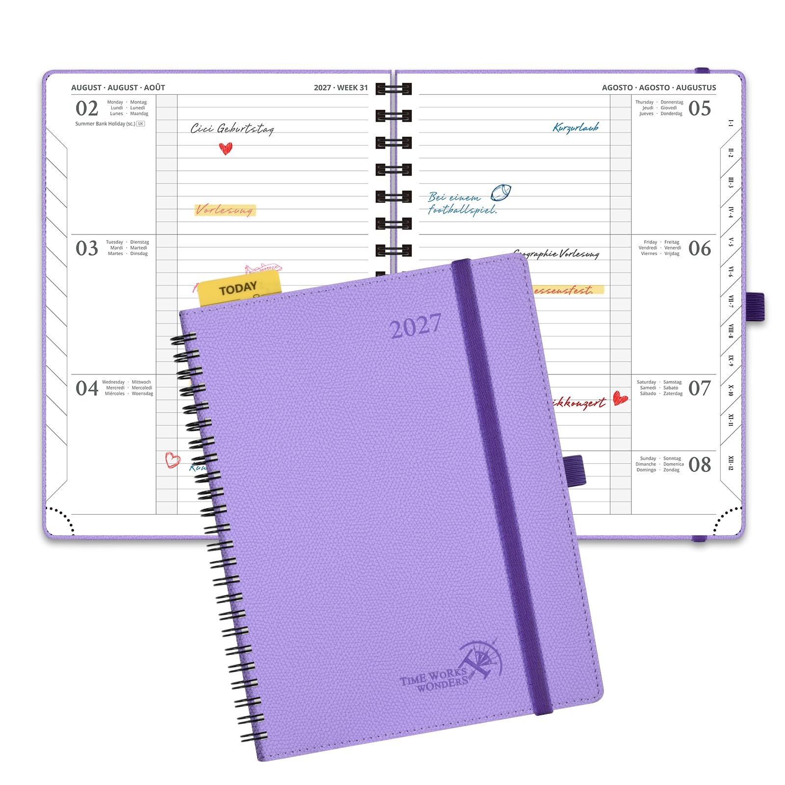 POPRUN Kalender 2027 Wochenplaner Horizontal ca.A5(21,8 x 16,4cm) | PU-Softcover,Spiralbuch,(Jan.2027-Dez.2027),1 Woche 2 Seite(Montag - Sonntag),Terminplaner mit 100 GSM Papier(Lavendelfarbe)